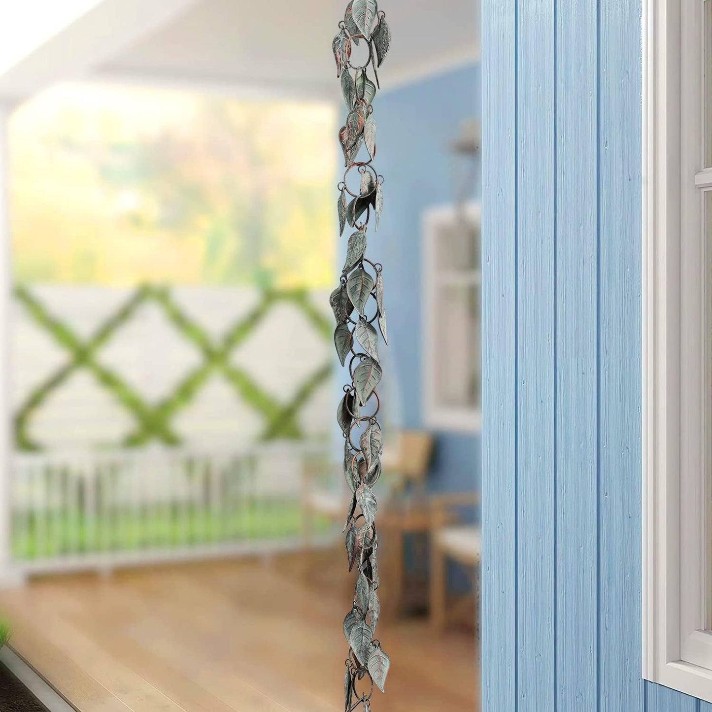 8.5 FT Rain Chain, Rain Chains for Gutters, Metal Rain Chain Downspouts, Circle with Leaves Rain Gutter Chains, Metal Rain Catcher for Outside, Decorative Your House and Garden, Verdigris