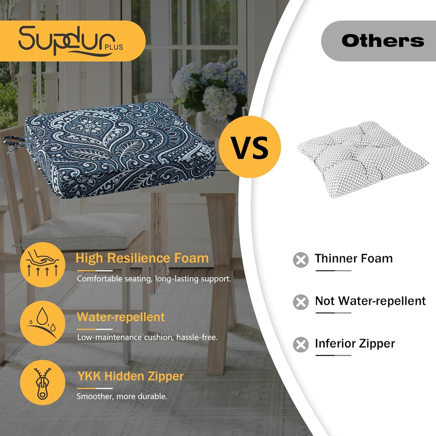 Outdoor Square Corner Seat Cushion, 19"x19"x3", Set of 4, Non Slip Seat Cushion Pads with Removable Cover for Patio Furniture, Garden Yard Lawn, Damask Vine