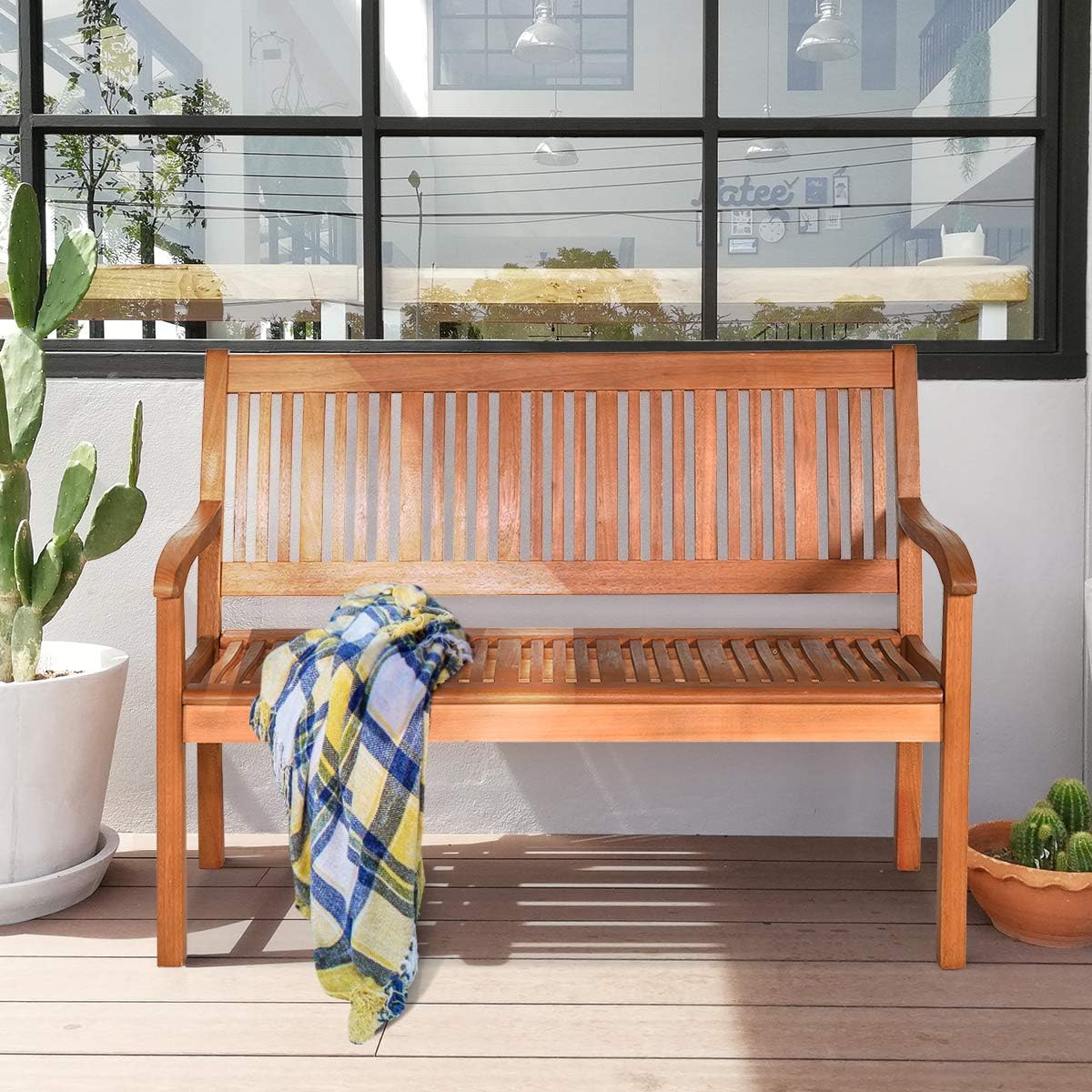COSTWAY Wooden Bench Outdoor, Curved Armrest & Backrest, Sturdy Outdoor Wood Bench for Garden, Park & Porch, 25" D x 50" W x 36" H, Teak Colored