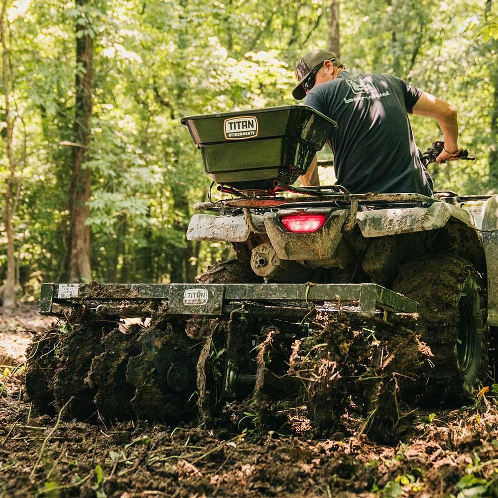 Titan Attachments 12 Volt ATV/UTV Broadcast Spreader, 80 LB Capacity, Back or Front Mounting for ATV, UTV, Or Utility Tractor, Lawn and Garden Seed Spreader with Rain Cover