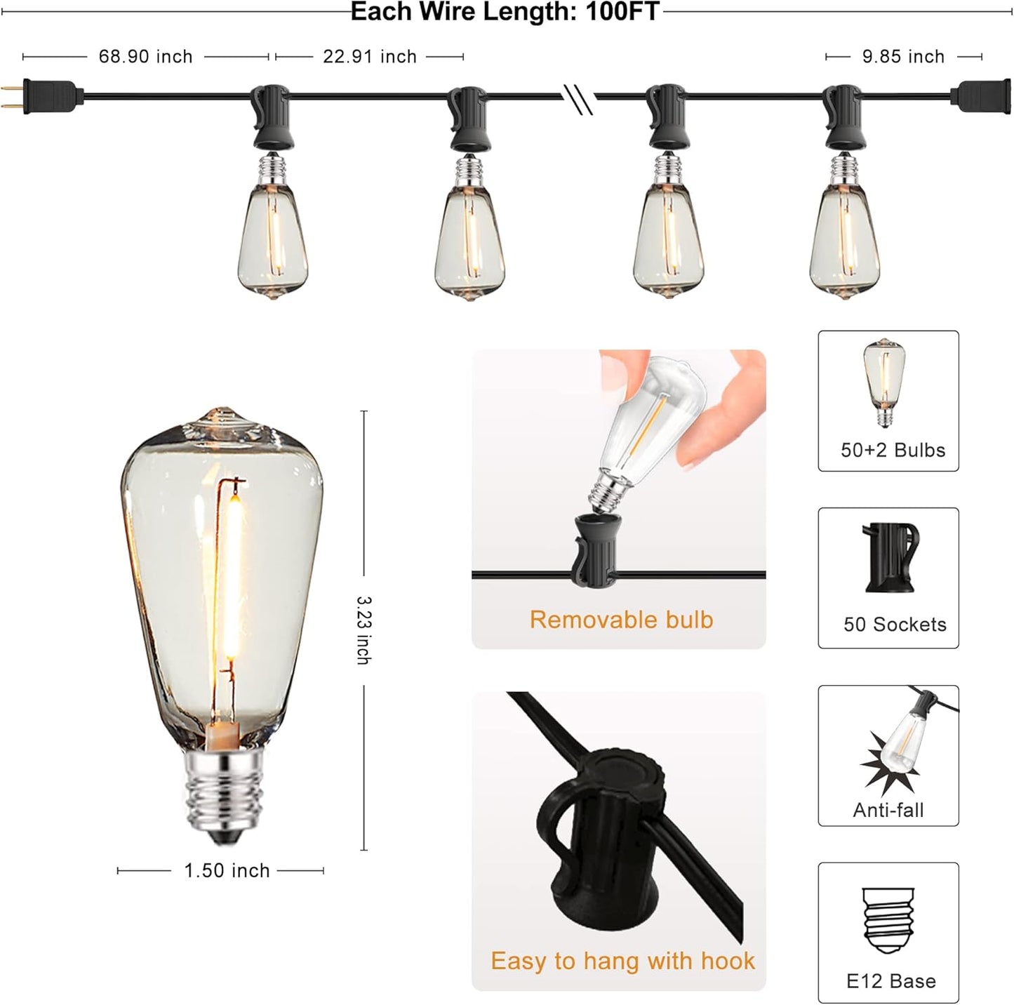 DAMAING Outdoor String Lights LED 100 FT Patio String Lights,52 ST38 Shatterproof Edison Style LED Bulbs,Vintage Plastic Outdoor Lights Waterproof for Bistro Gazebos Backyard Balcony Porch.
