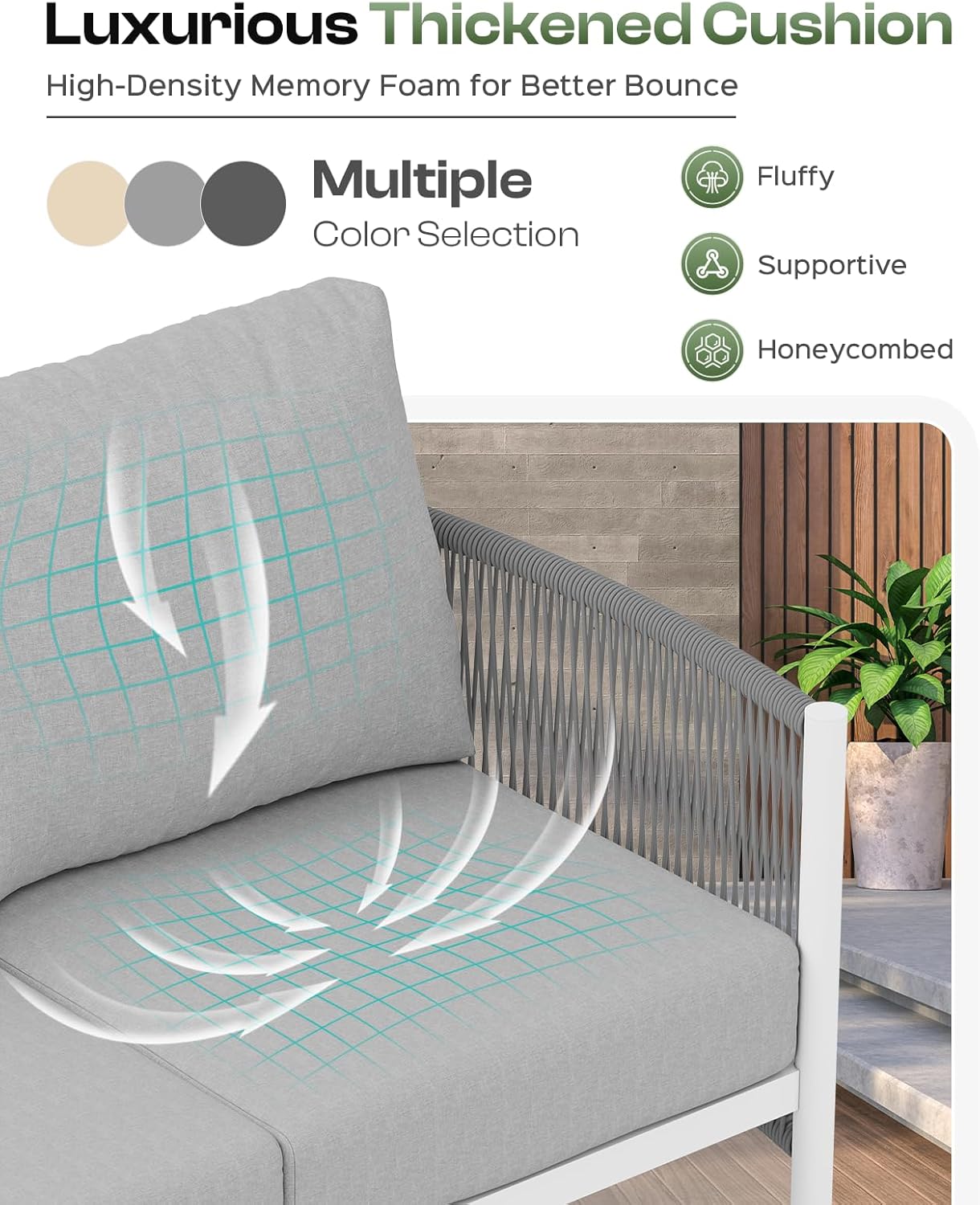 Aluminum Outdoor Patio Couch Loveseat, HDPE Rope Patio Sofa with Washable Thick Cushion, All-Weather Patio Furniture for Balcony, Yard, White Frame, White