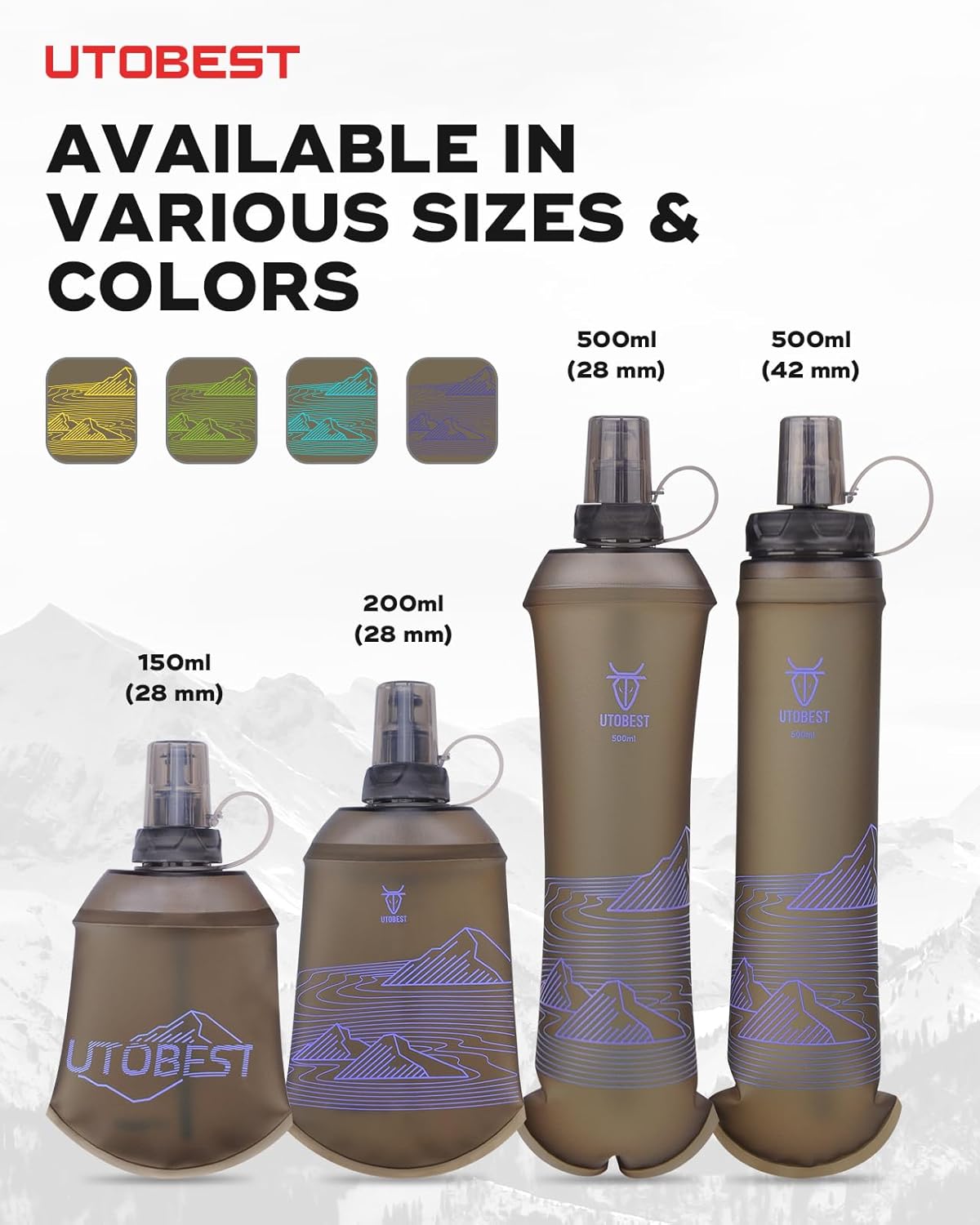UTOBEST 500ml Soft Flask, 2 Pack Flexible TPU Hydration Water Bottle, Collapsible with 28mm Caliber for Running, Hiking, Cycling, Climbing, and Marathon Purple