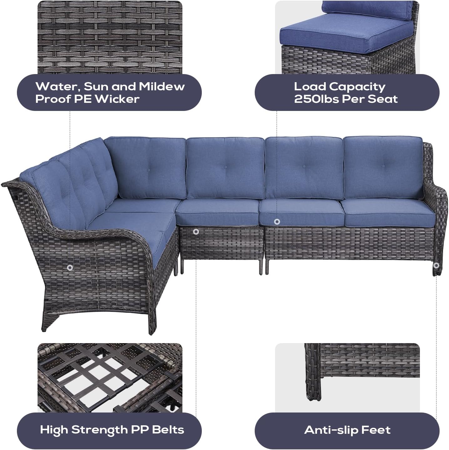 Outdoor Sectional Furniture Sofa Set with 50000BTU Propane Fire Pit Table, Wicker Patio Conversation Set with 2 Swivel Rocker Glider Chairs Blue Cushion Perfect for Backyard Casual Gathering