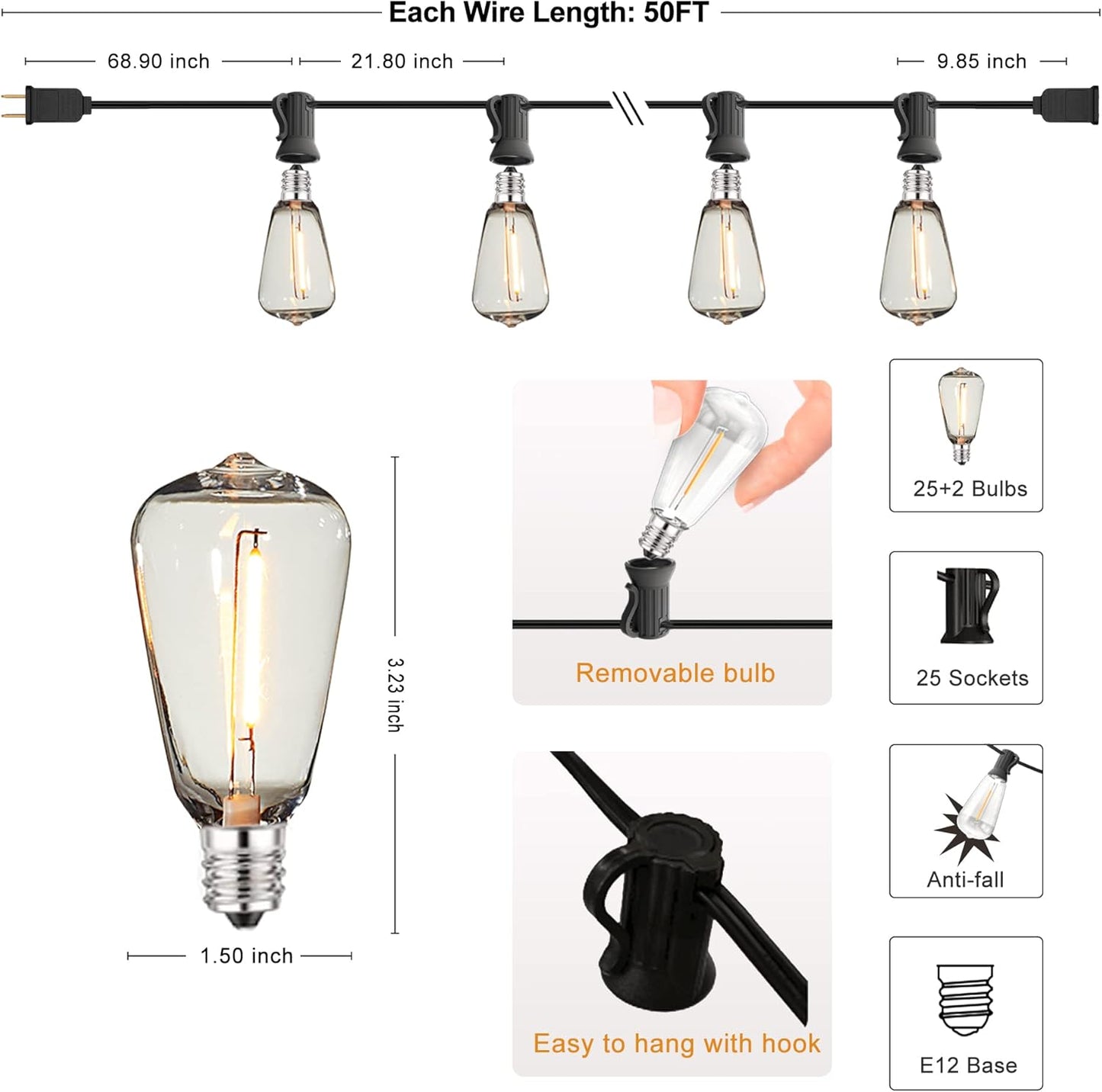 DAMAING Outdoor String Lights 50 FT Waterproof Patio Light String Lights with 27 ST38 Vintage Shatterproof LED Edison Bulbs,Retro Connectable Bistro Lights for Backyard Gazebo Balcony.