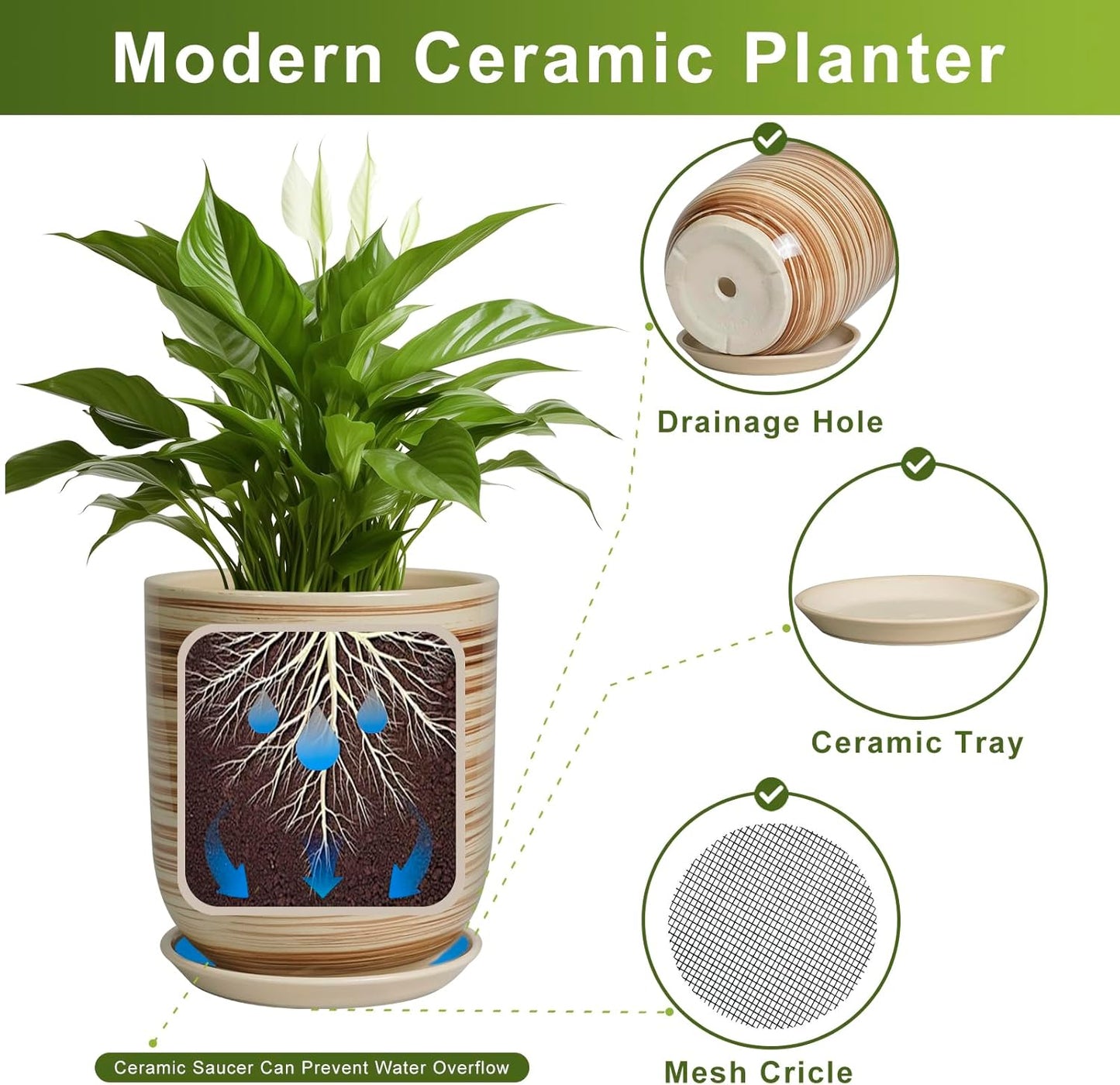 8 Inch Plant Pot, Ceramic Planter for Outdoor Plants, Large Plant Pot Indoor with Drainage Hole and Saucer, Modern Flower Pot for Home Garden Decor Yellow