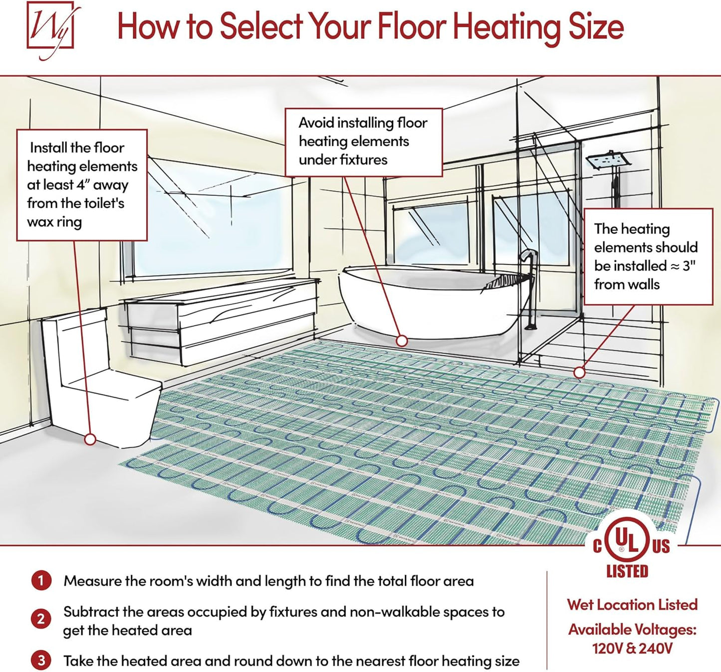 105 Sqft Heated Floor Mat Kit with Radiant Floor Heating System Thermostat UTN5, Two Sensors, Tester, 120V Electric Radiant Floor Heating Mat installs under Bathroom Tile, Vinyl - WarmlyYours TempZone