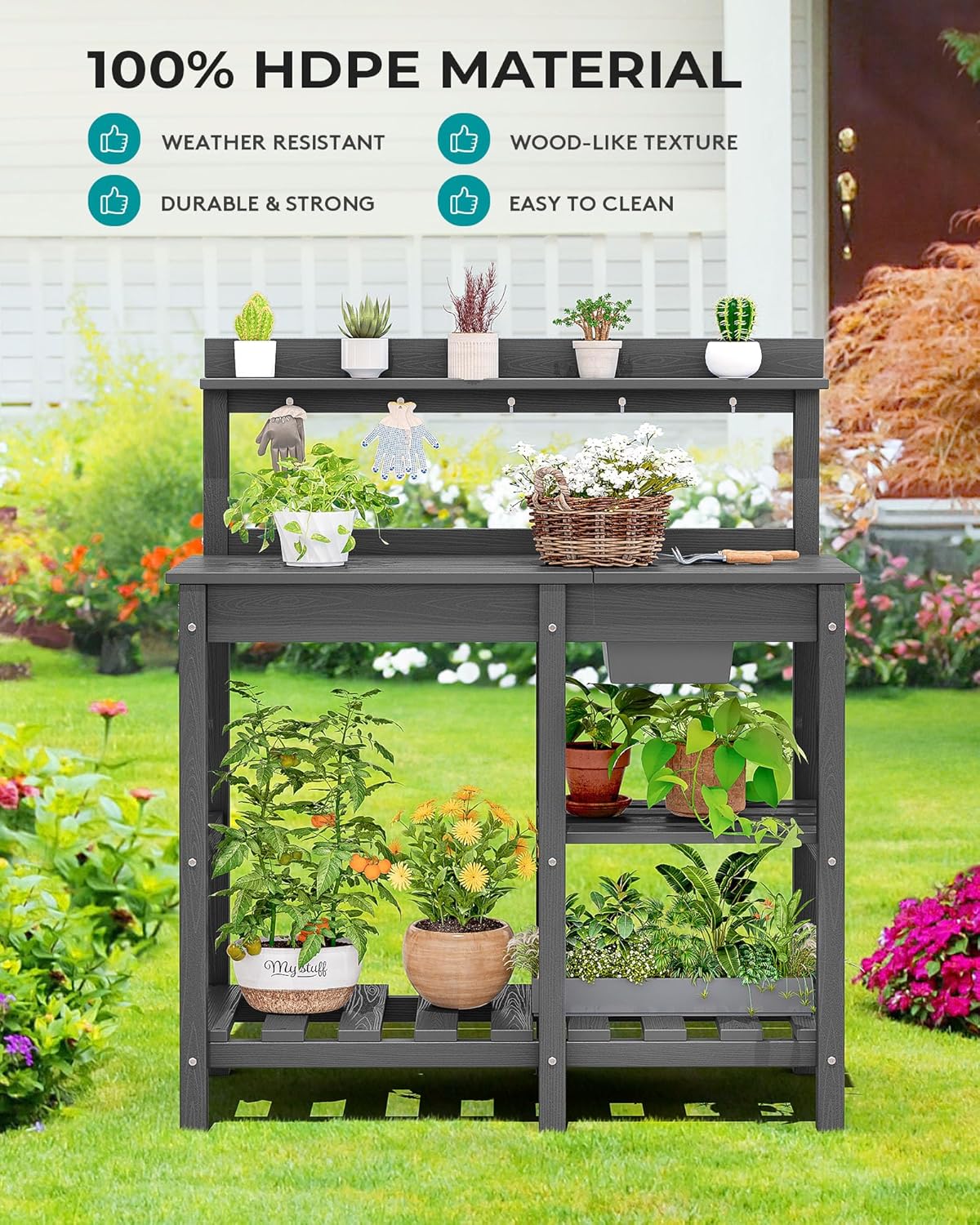 SERWALL Potting Bench Set of 2 Outdoor Potting Table with Sink, HDPE Potting Benches for Outside Gardening Table All Weather Use- Gray