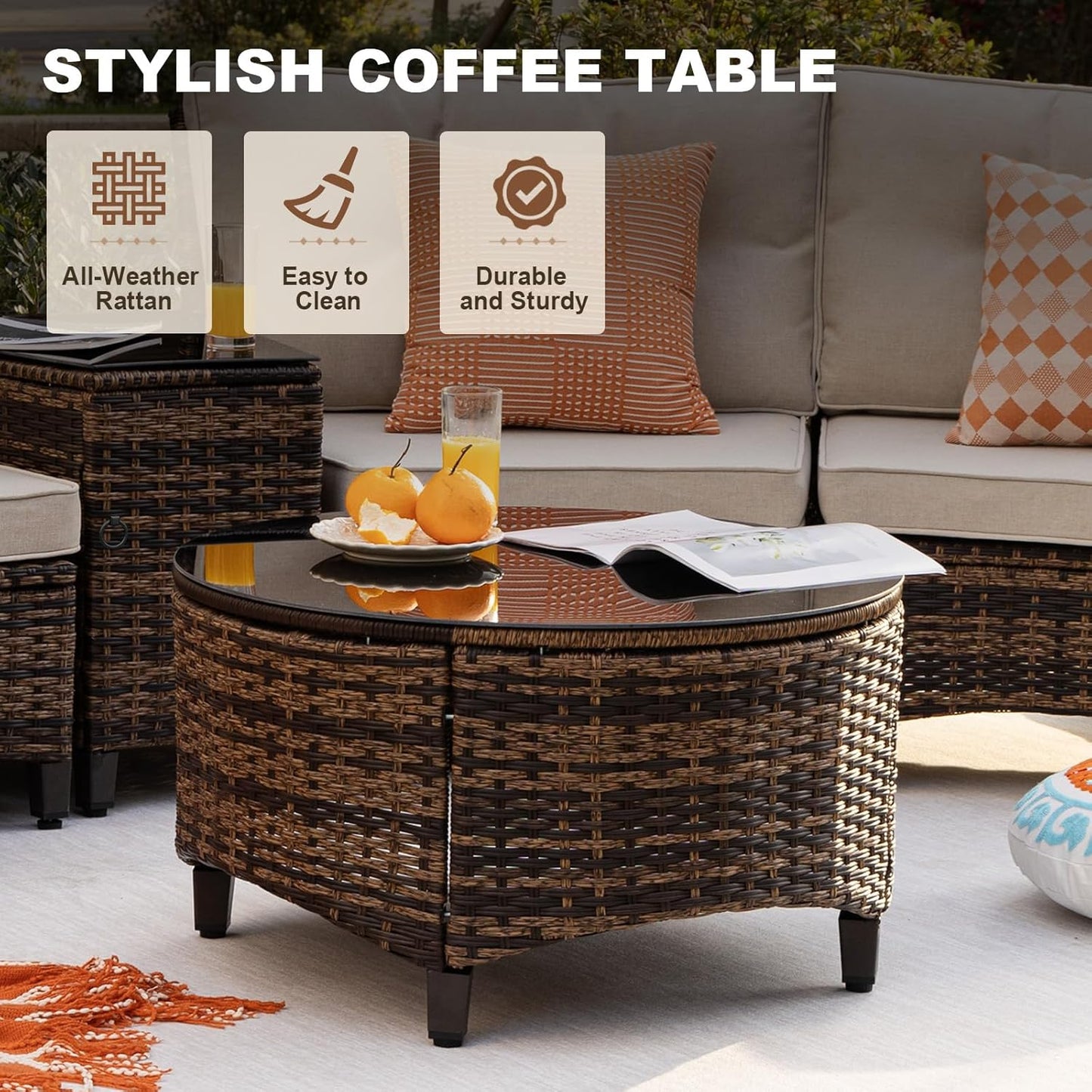 8 Piece Outdoor Patio Furniture Set, Half-Moon Curved Sectional Set with Wood Armrests, Patio Conversation Set, 2 Half-Moon Ottomans,Coffee & Side Tables (Brown)