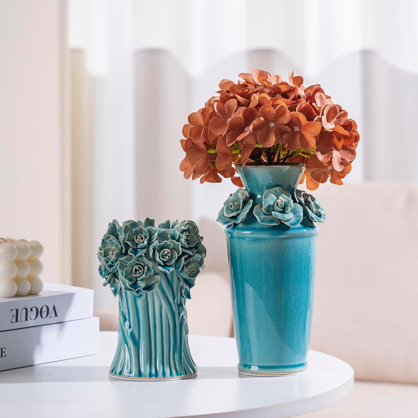 Handmade Blue Ceramic Vase with 3D Flowers, Blue Bud Wedding Bouquets Vases for Centerpieces, Vintage Floral Vase for Home Cottage Core Decor, Decorative Vases for Living Room, Housewarming Gift 6.6In