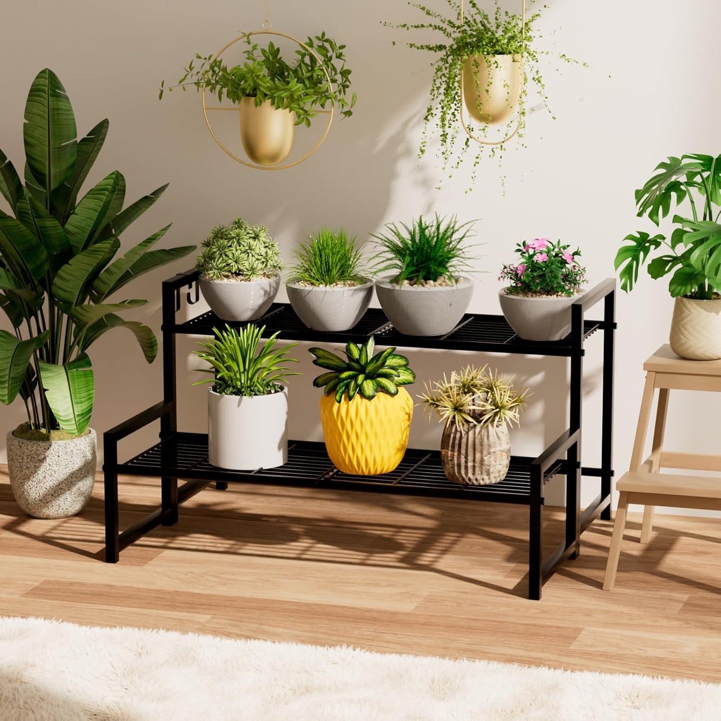Garden 4 you 2 Tier Metal Plant Stand Outdoor Indoor Waterproof, Stackable Heavy Duty Tall Plant Shelf Flower Pot Holder for Garden, Display Rack, Black