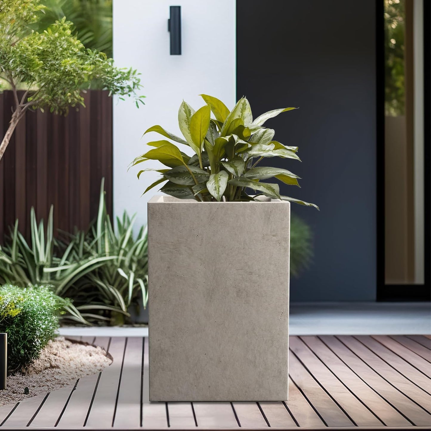 Kante 15.7" H Tall Rectangular Concrete Planters, Outdoor Indoor Lightweight Plant Pots with Drainage Hole and Rubber Plug, Modern Style for Home Garden Patio, Weathered Concrete