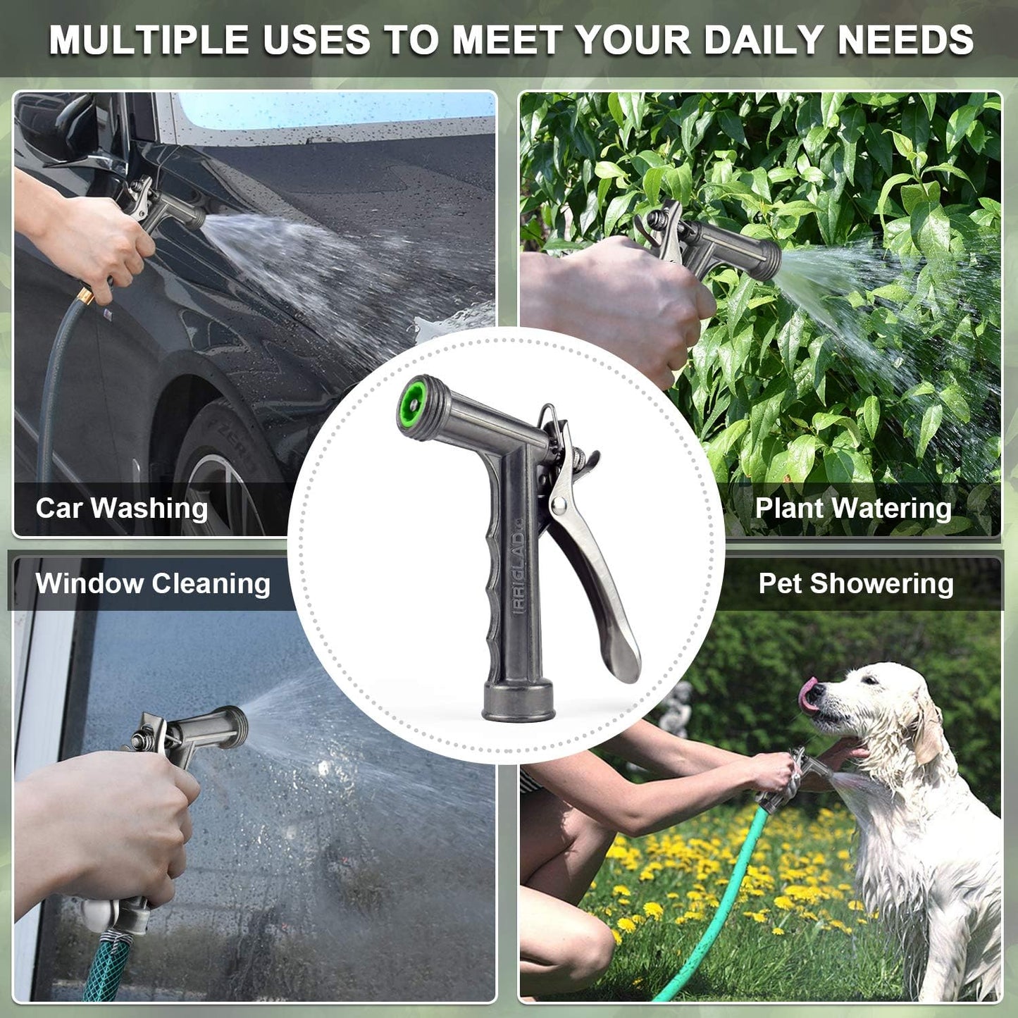 Hose Nozzle 2 Pack, Full Size Pistol Grip Water Nozzle Sprayer with Threaded Front, High Pressure Nozzle, Adjustable Spray Water Flow for Watering, Showering Pet, Washing Car, Silver