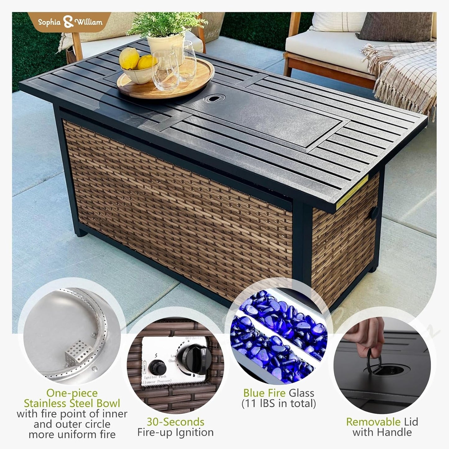 Sophia & William Patio Furniture Set with Fire Pit Table, 6 Piece Half Moon Outdoor Wicker Sectional Sofa Set, Rattan Conversation Set with 56-Inch Fire Pit Table for Backyard, Deck, Pool(Beige)