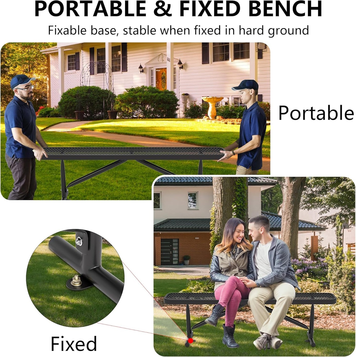 6 Feet Heavy Duty Metal Park Bench for Outside, Outdoor Bench with Portable Frame, Commercial Benches for Shopping Mall, Store, Park, Patio, Deck, Black