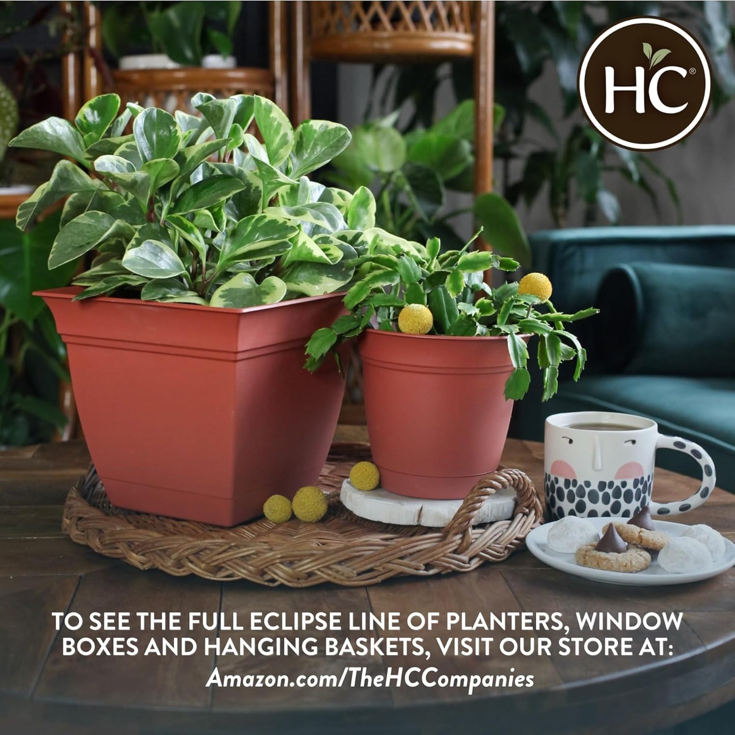 The HC Companies Eclipse Round Planter with Saucer - Outdoor & Indoor Plant Pot with Drainage Holes - Lightweight, UV-Resistant Plastic Pots for Plants, Flowers & Herbs (6” Cottage Stone, Pack of 1)