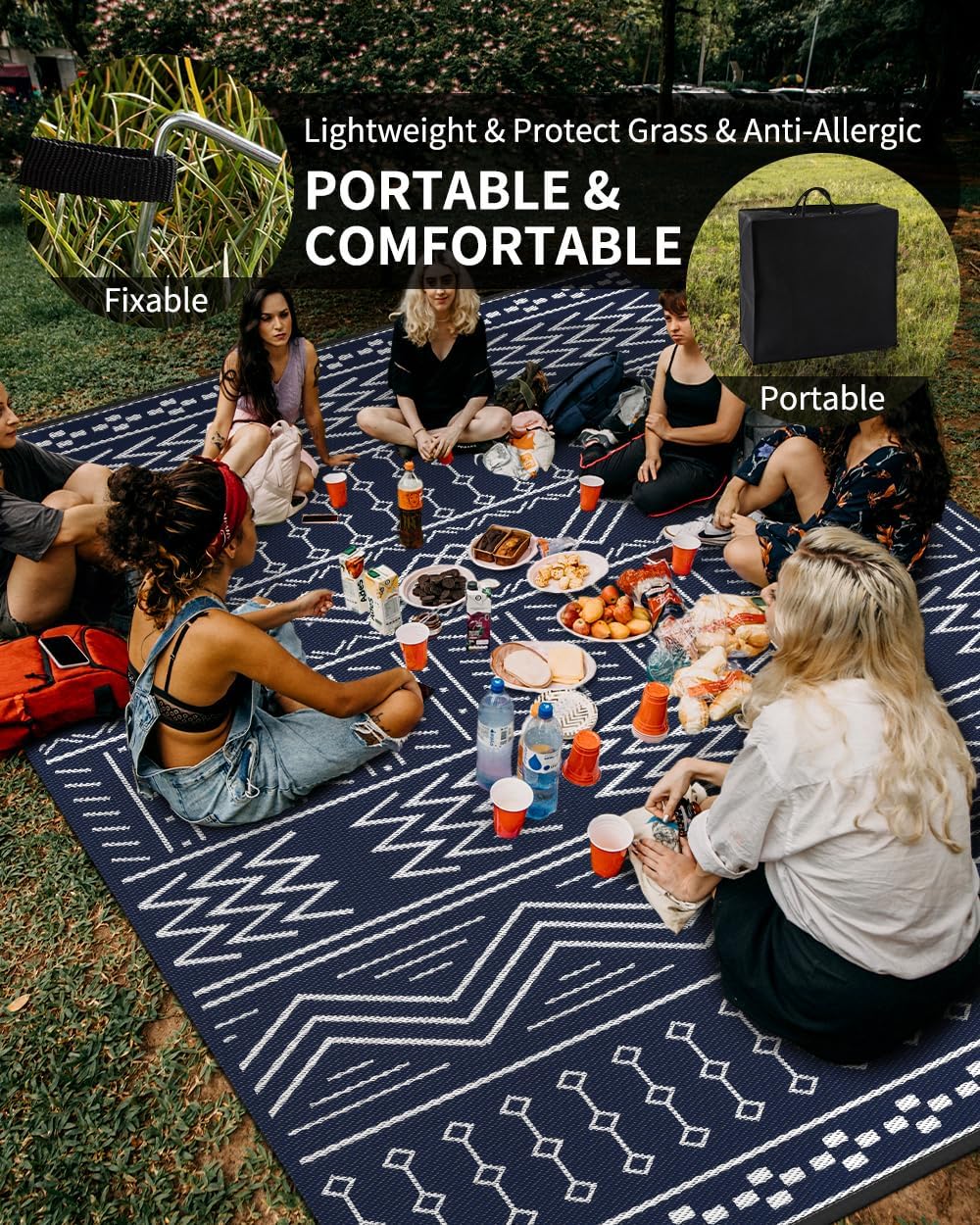 Outdoor Rug Carpet Waterproof 8x10 ft Patio Rug Mat Indoor Outdoor Area Rug for RV Camping Picnic Reversible Lightweight Plastic Straw Outside Rug for Patio Decor Decoration Boho Rug Navy Blue White