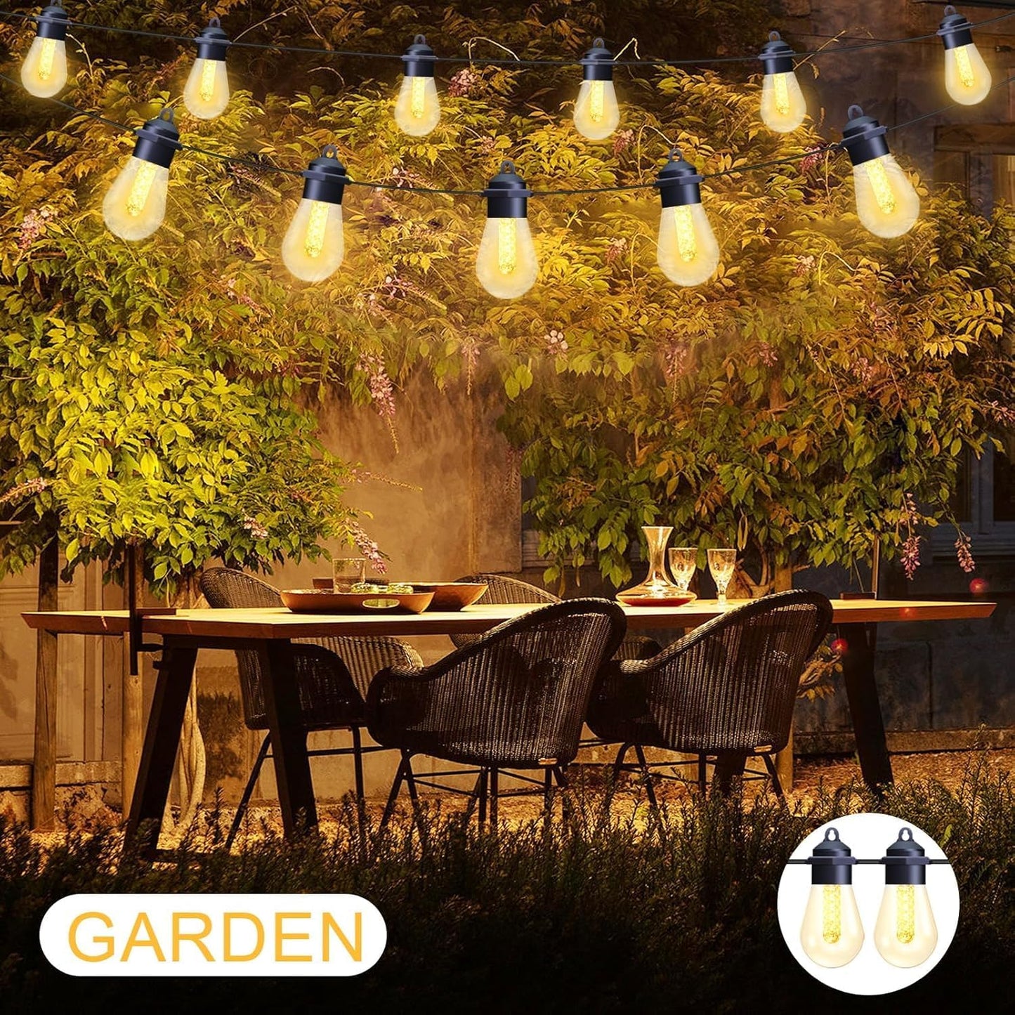 Honche Solar Lights Outdoor Waterproof LED IP66 with 15 Edison Bulb Warm White String Lights Patio Lights Decorate for Christmas Camping Wedding Birthday Backyard Gazebo Party