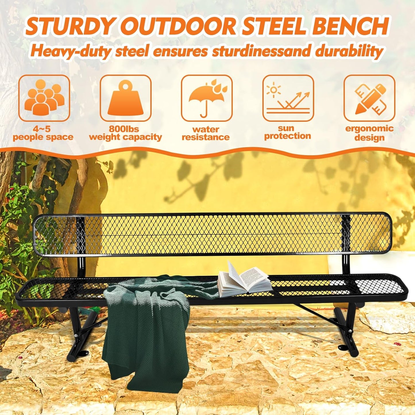 Thermoplastic Coated Iron Park Bench for Outside, Heavy Duty Metal Garden Bench, Expanded Commercial Grade Seating for Shopping Malls, Lawn Yard Porch Entryway (Black with Backrest, 96IN)