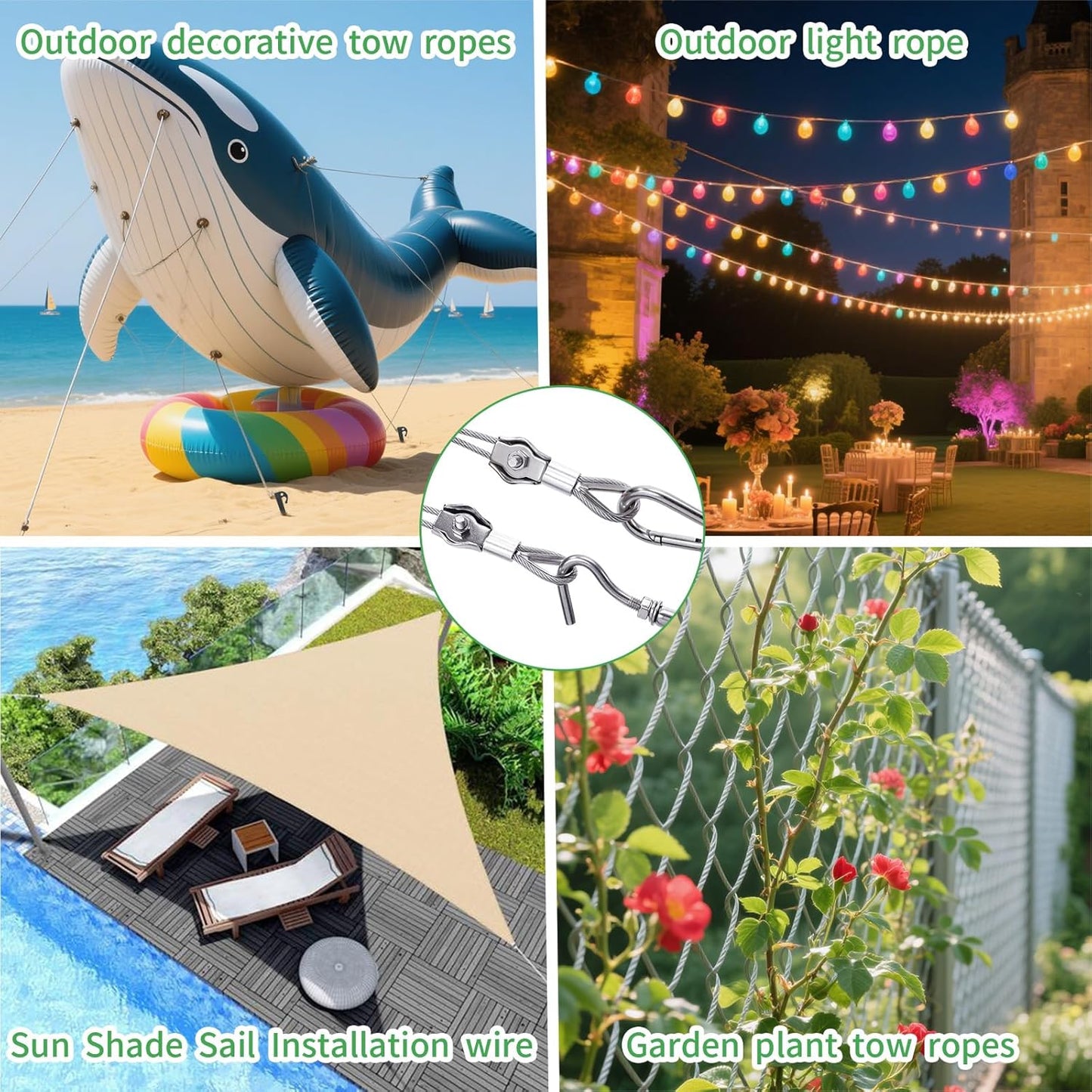 1/8" Wire Cable Rope Kit ,Vinyl Coated 304 Stainless Steel Wire – 200FT 7x7 Strand Cable with Turnbuckles,Shade Sail & Hanging Lights Hardware Kit for Outdoor, Garden,Patio, Crafts,