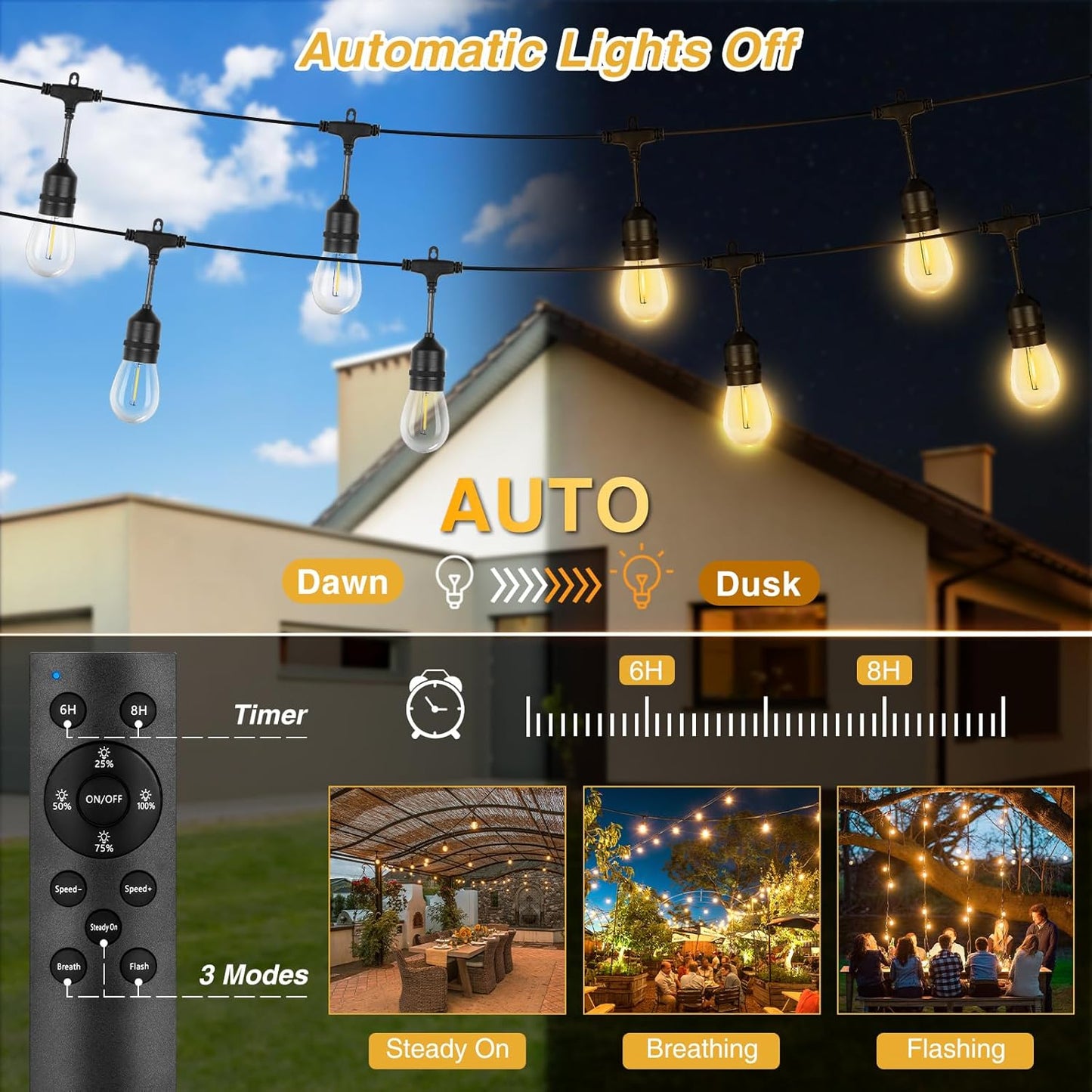 ZJOJO 60FT Solar String Lights Outdoor Waterproof, Solar Lights Outdoor with 15 Shatterproof Bulbs IP65, Patio Light for Outside Decor