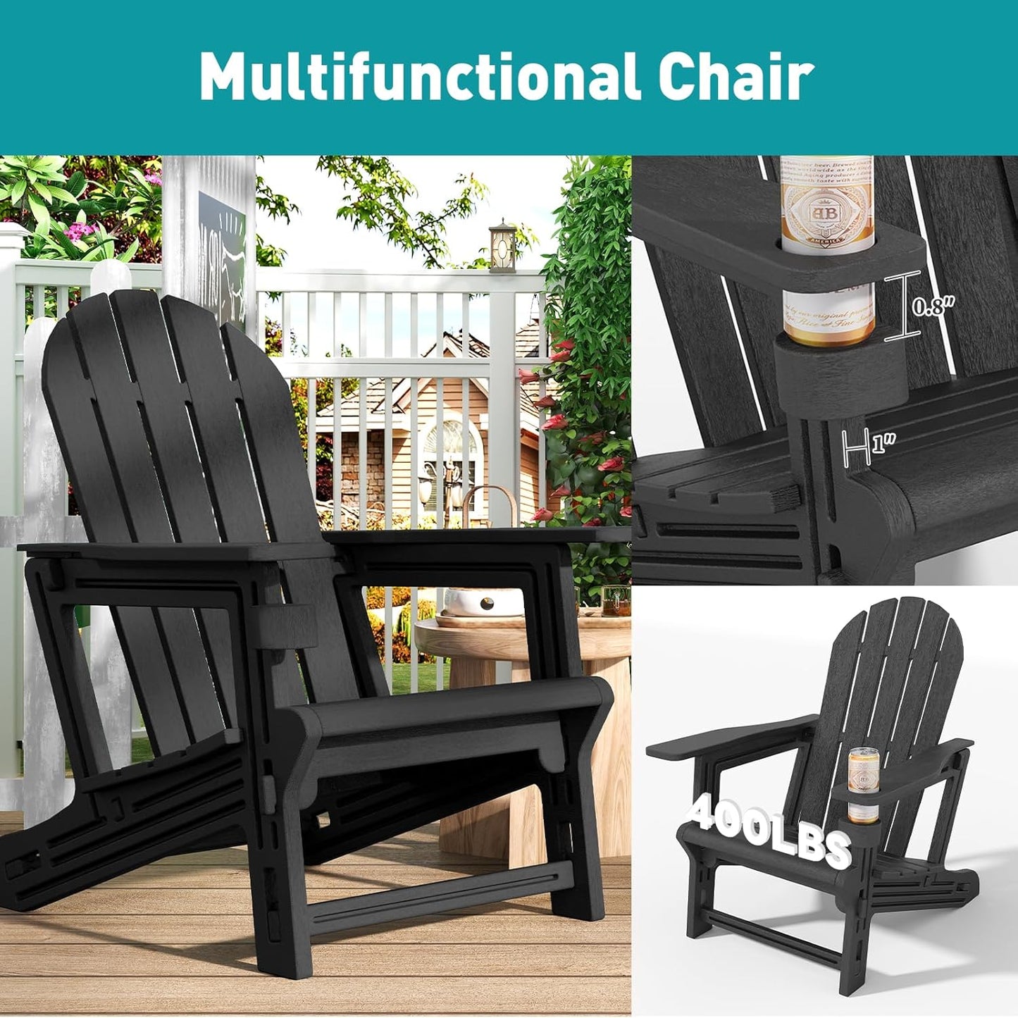Adirondack Chairs Set of 4, Tool-Free Assembly All-Weather Plastic Adirondack Chairs, HDPE Fire Pit Chairs with Cup Holder, Outdoor Chair for Patio Garden (Black)