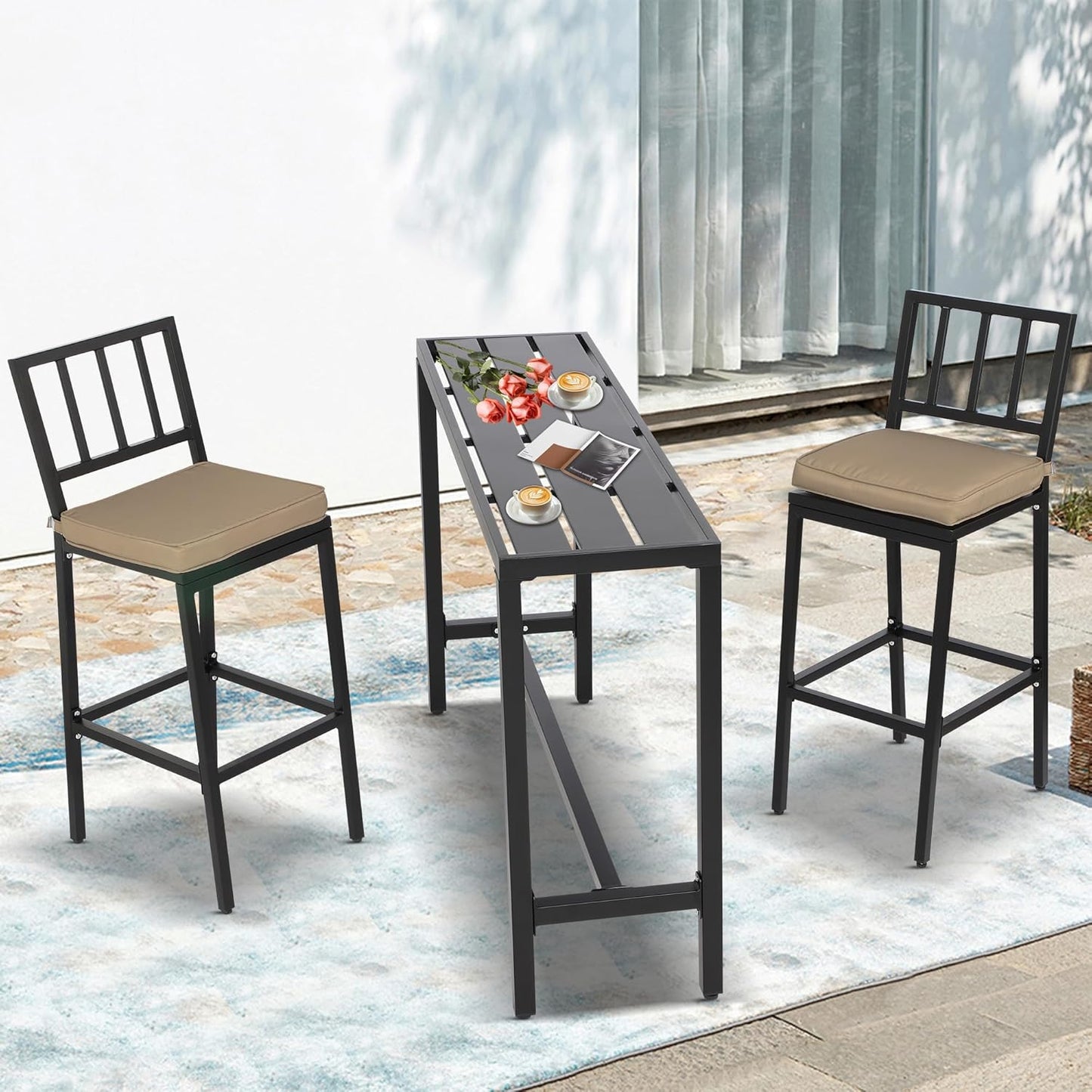 3-Piece Outdoor Patio Bar Set, Bar Height Patio Dining Set, Weather-Resistant Bistro Counter Pub Set with Cushions & Slatted Tabletop for Backyard, Garden, Yard
