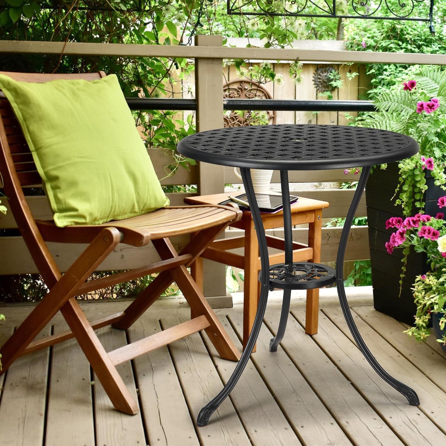 24" Outdoor Round Patio Bistro Table, Cast Aluminum Outdoor Cafe Table with 2 inch Umbrella Hole for Porch,Backyard,Garden, (Classic Square Pattern, Black)