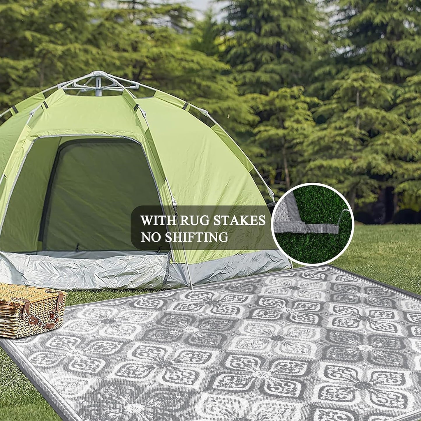 Pauwer Waterproof Outdoor Rug 8x10, Reversible Plastic Straw Patio Camping Rug, Indoor Outdoor RV Mat Carpet for Deck, Camper, Porch, Balcony, Backyard, Picnic, Clover Grey