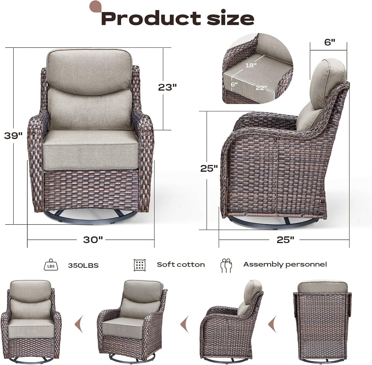 Outdoor Patio Swivel Rocker Chairs Set of 2, Waterproof Wicker, High Back, Deep Seating, Wide Armrest, Upgraded 6 inch Thick Cushions, Ideal for Deck Porch Backyard, Brown/Beige