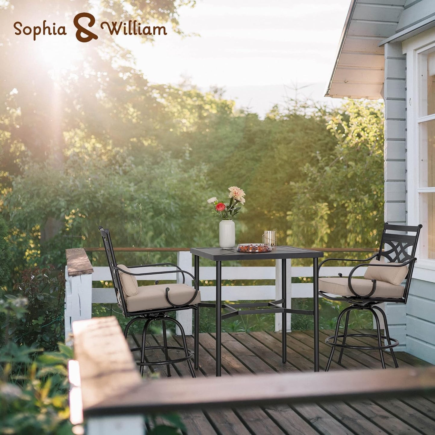Sophia & William 3 Piece Patio Bar Set with 2 Swivel Bar Stools and 1 Square Bar Table, All Weather Patio Bistro Set with Seat Cushions