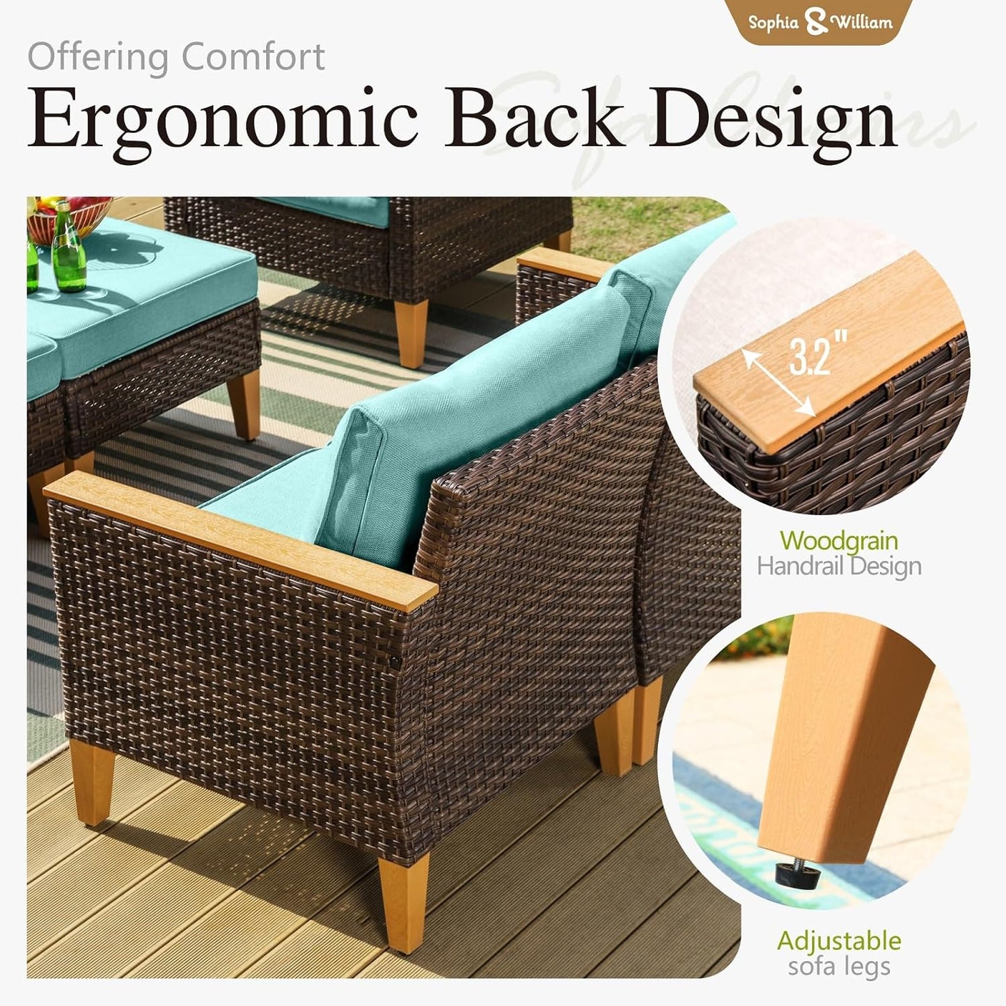 Sophia & William Outdoor Wicker Sectional Sofa Set, 12 Piece Half Moon Curved Patio Furniture Modern Round Outdoor Couch Conversation Set with Ottoman for Backyard, Deck, Garden(Aqua Blue)