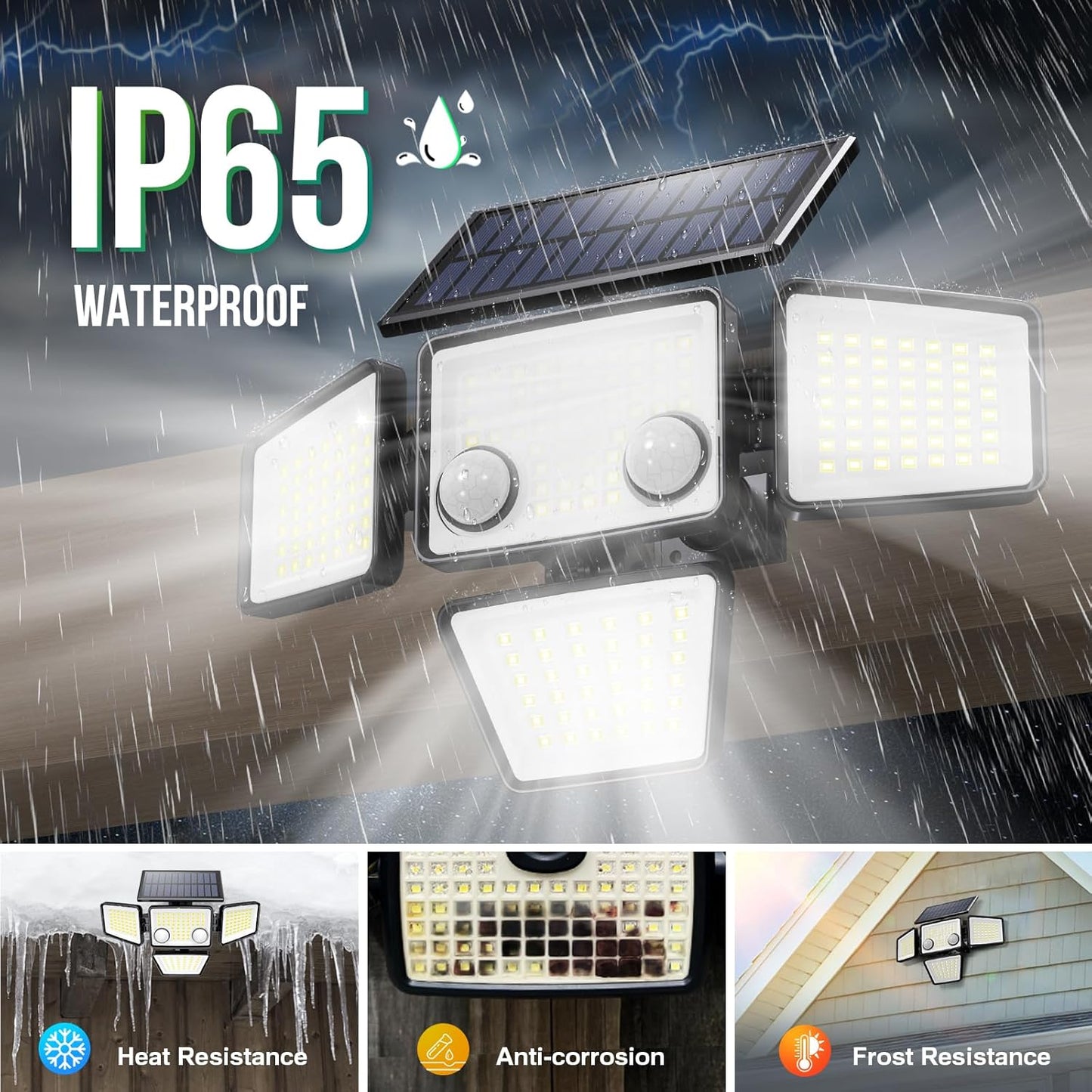 Solar Lights Outdoor - 3000LM 188 LED Motion Sensor Outdoor Lights, 4 Heads IP65 Waterproof Powered Security Flood Lights, 270°Wide Lighting Angle Wall Light with Sensors for Backyard (4 Pack)