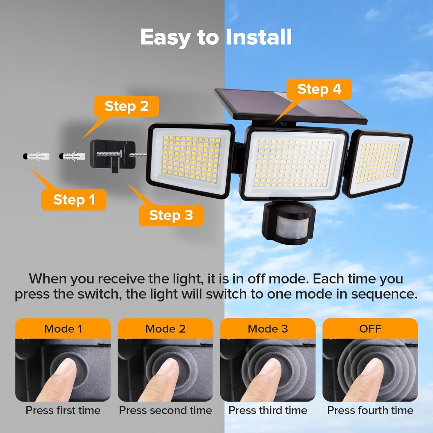 UME Solar Outdoor Lights 302 LED 3000LM, IP65 Waterproof Motion Sensor Outdoor Lights, 3 Heads Solar Security Flood Lights 270 Wide Lighting Angle with 3 Modes for Garden Patio Yard