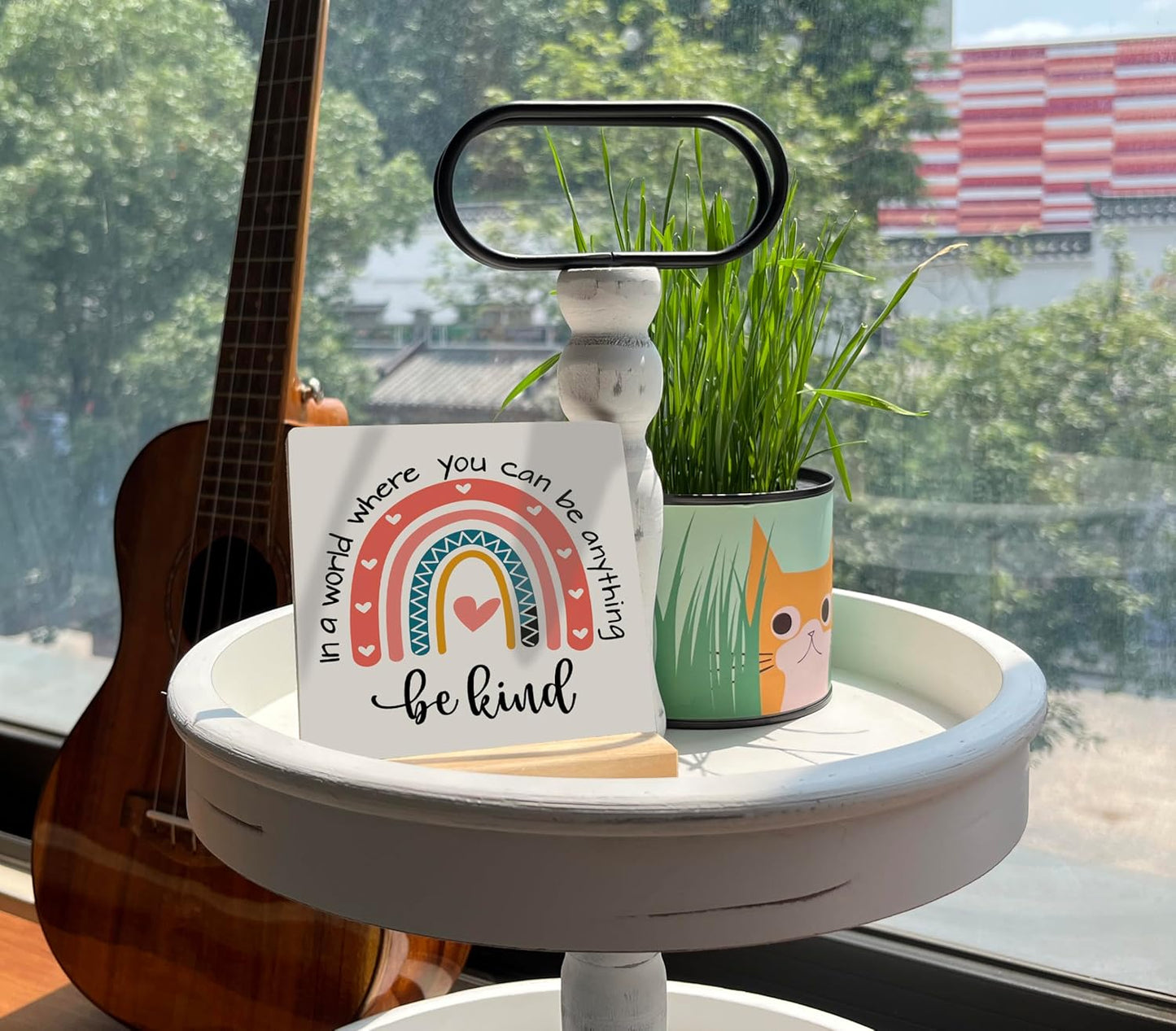 BQL Primitive Wooden Sign, 'In A World Where You Can Be Anything, Be Kind', Desk Plaque with Wooden Stand, 4 x 4.3 inches, Multicolored, Rustic, Tabletop Decor