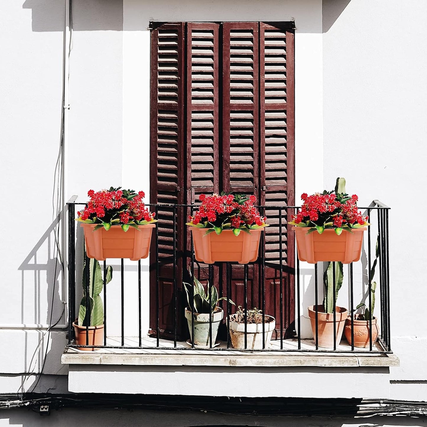 summer flower 3 Pack 9.84” Wall Hanging Planters, Railing Hanging Planters for Fence Balcony Garden Outdoor Decor, Plastic Flower Pot for Window Plant Holder (Terracotta Red)