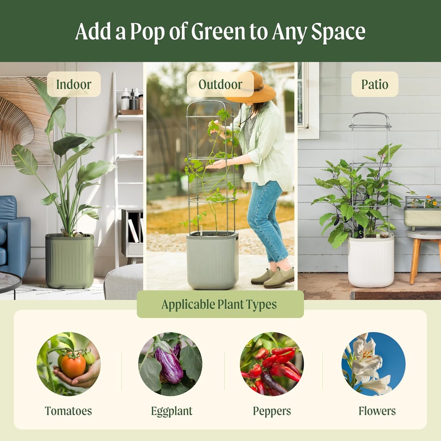 Vego garden Planters for Outdoor & Indoor Plants, Large Plant Pots with Self Watering, 15" Tall Large Plant Pots with Trellis for Flowers Plants Decor, Fog Gray