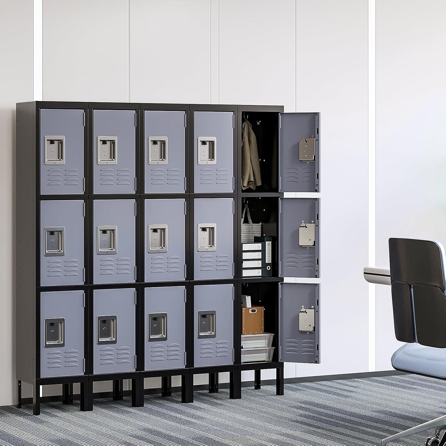 Yizosh Metal Lockers for Employees with Lock, Employees Locker Storage Cabinet with 3 Doors, Tall Steel Storage Locker for Gym, School, Office (Gray Black, 3 Door)