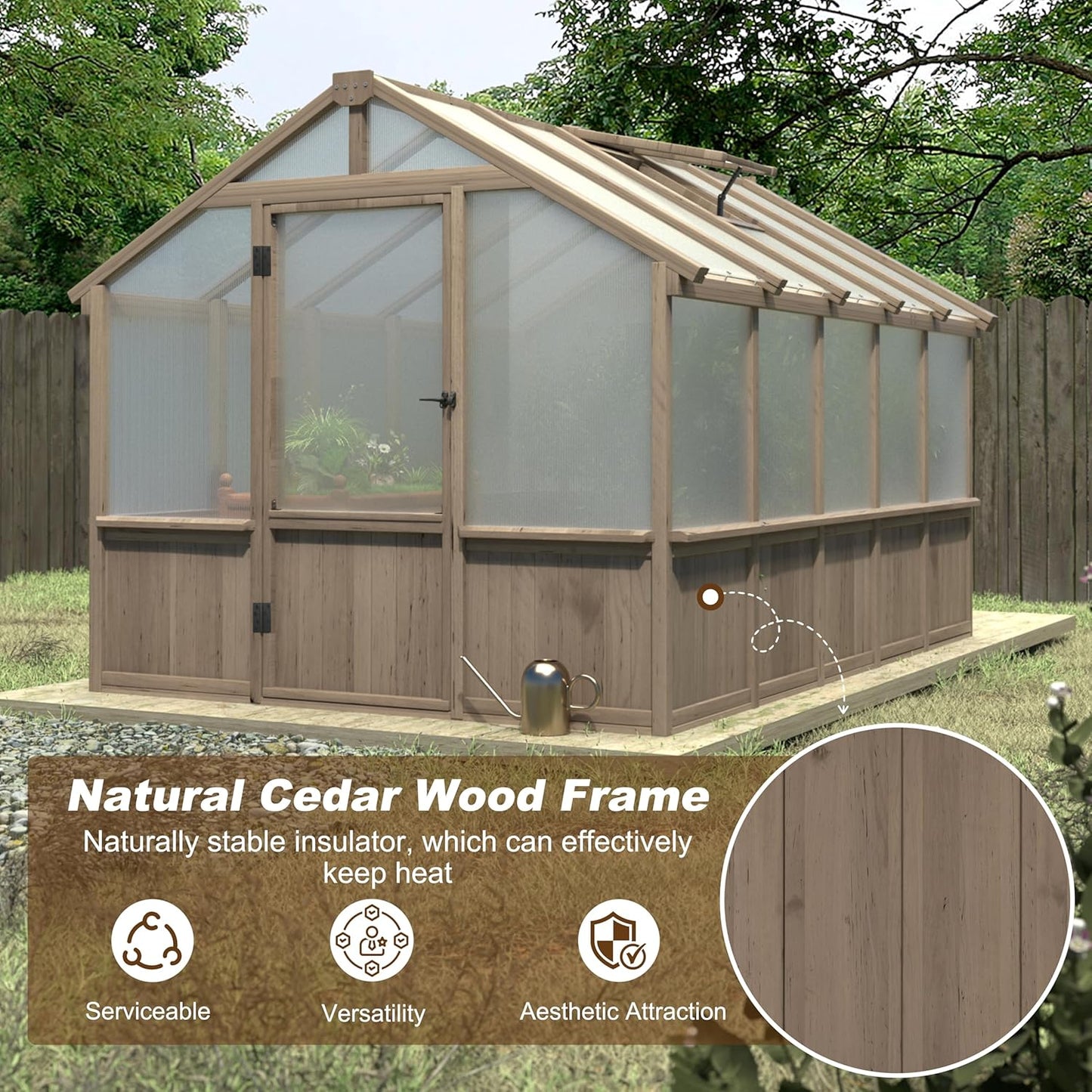 BlueWish 8x10 FT Greenhouse Kit, Wood Greenhouses with 6MM Polycarbonate Panel, Green House with Adjustable Vent & Lockable Door, Walk-in Greenhouse for Outside, Garden, Backyard