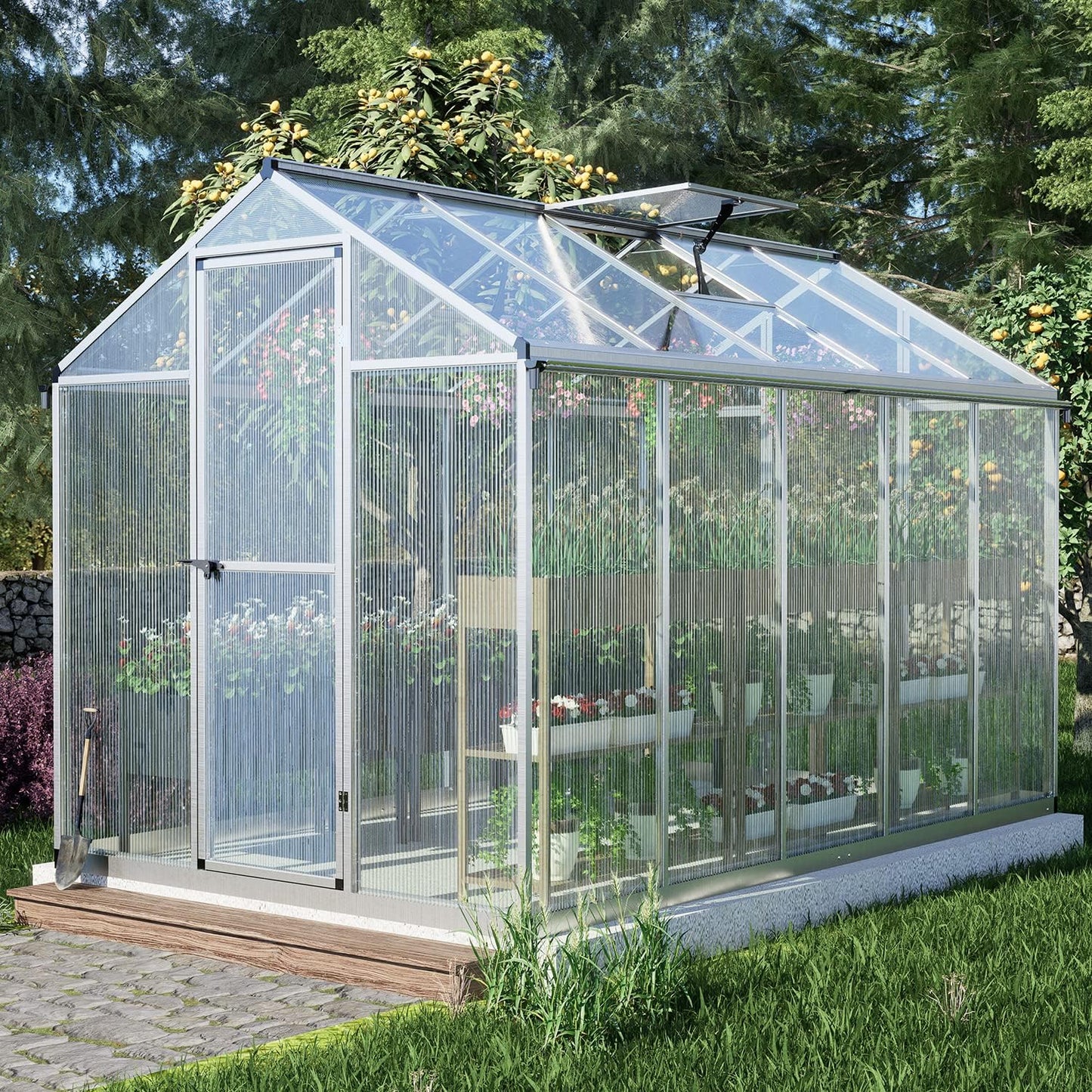 BPS 6x10 FT Walk-in Polycarbonate Greenhouse with Heavy-Duty Aluminum Frame, Vent Windows, and Lockable Door for Outdoor, Patio, Backyard, and Garden