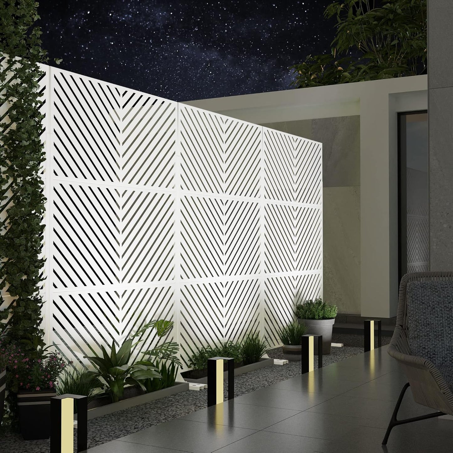 Metal Privacy Screen Outdoor 72" H×47" W,Freestanding Decorative Privacy Screen for Balcony Yard&Garden, Privacy Fence-White&Arrow