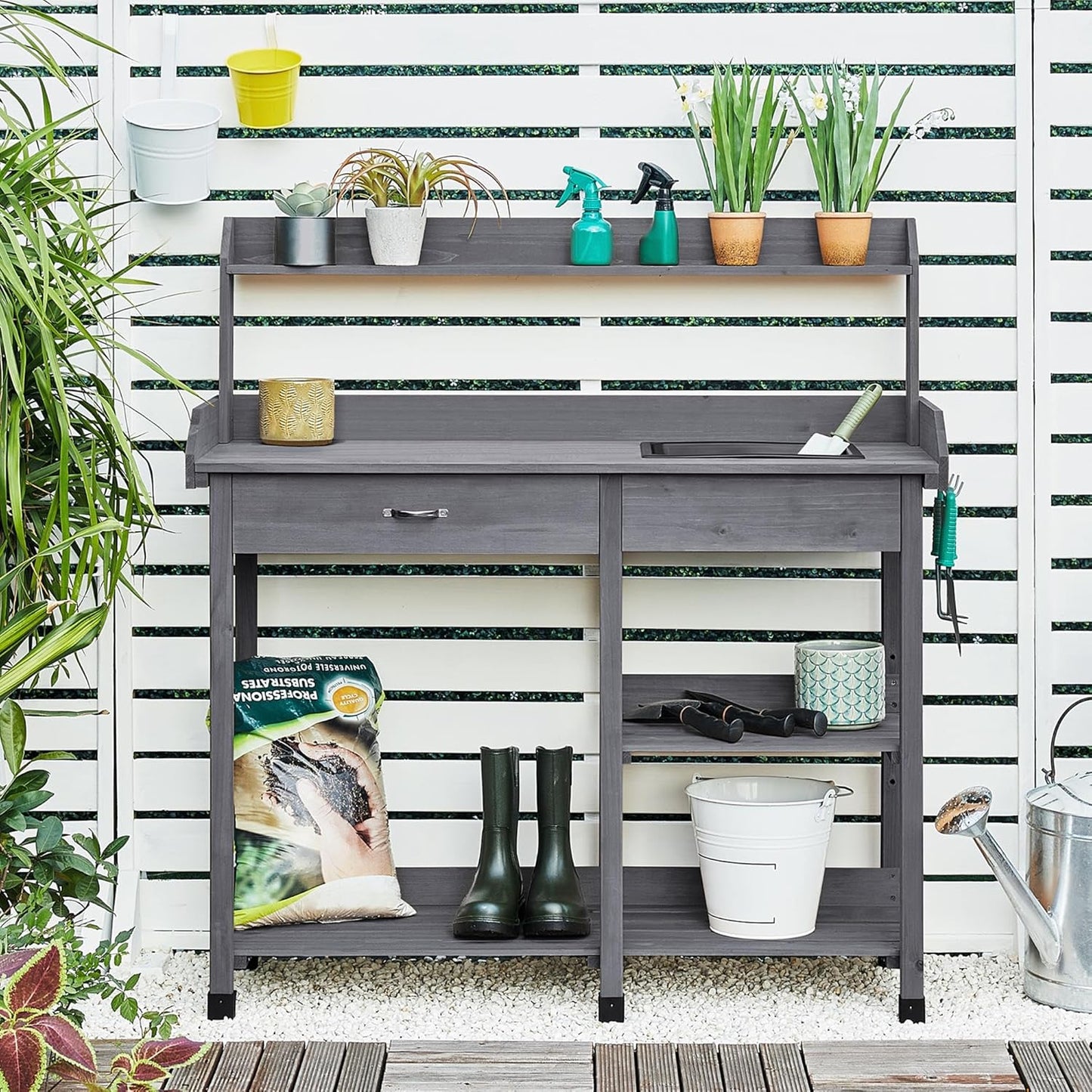 Yaheetech Outdoor Potting Bench Table Potters Benches Garden Workstation for Horticulture with Drawer/Adjustable Shelf Rack/Removable Sink/Hooks/Pads, Gray