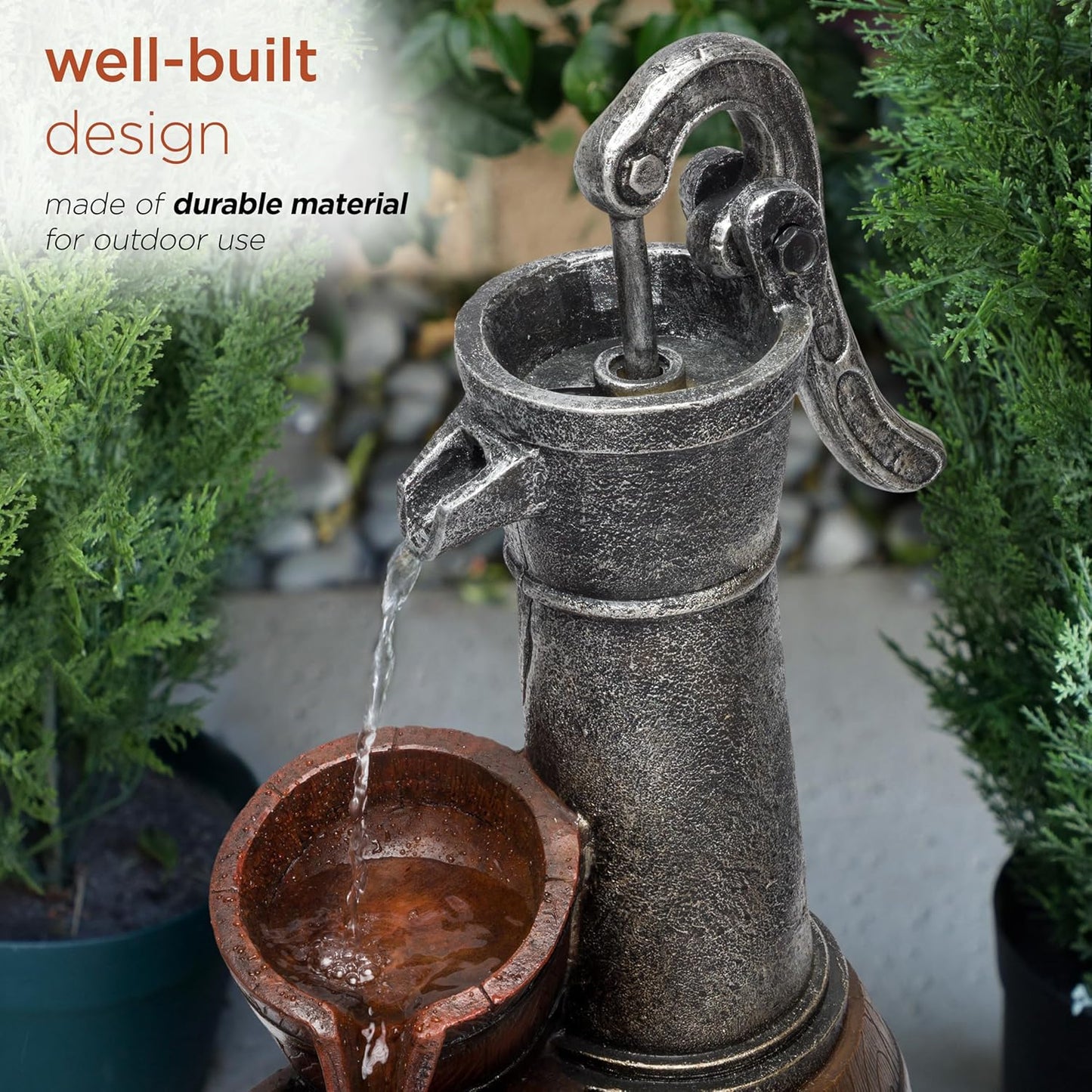 Alpine Corporation ZEN403S Indoor/Outdoor Floor Vintage Farmhouse Barrel Fountain, Rustic Waterfall for Garden, 24", Brown