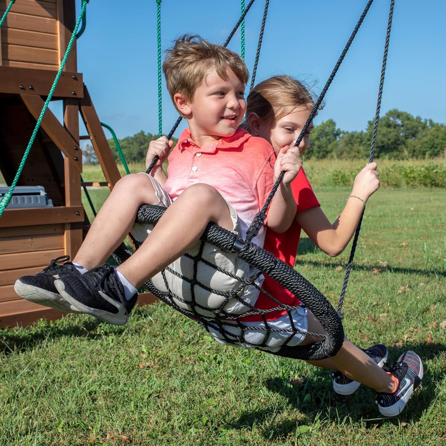 Backyard Discovery Cedar Cove Cedar Wood Swing Set with Spiral Tube Slide, Wave Slide, Clubhouse, Toy Grill, Snack Bar, Rock Wall, Belt Swings, Web Swing, Balcony, Chalkboard, Ladder, Outdoor Playset