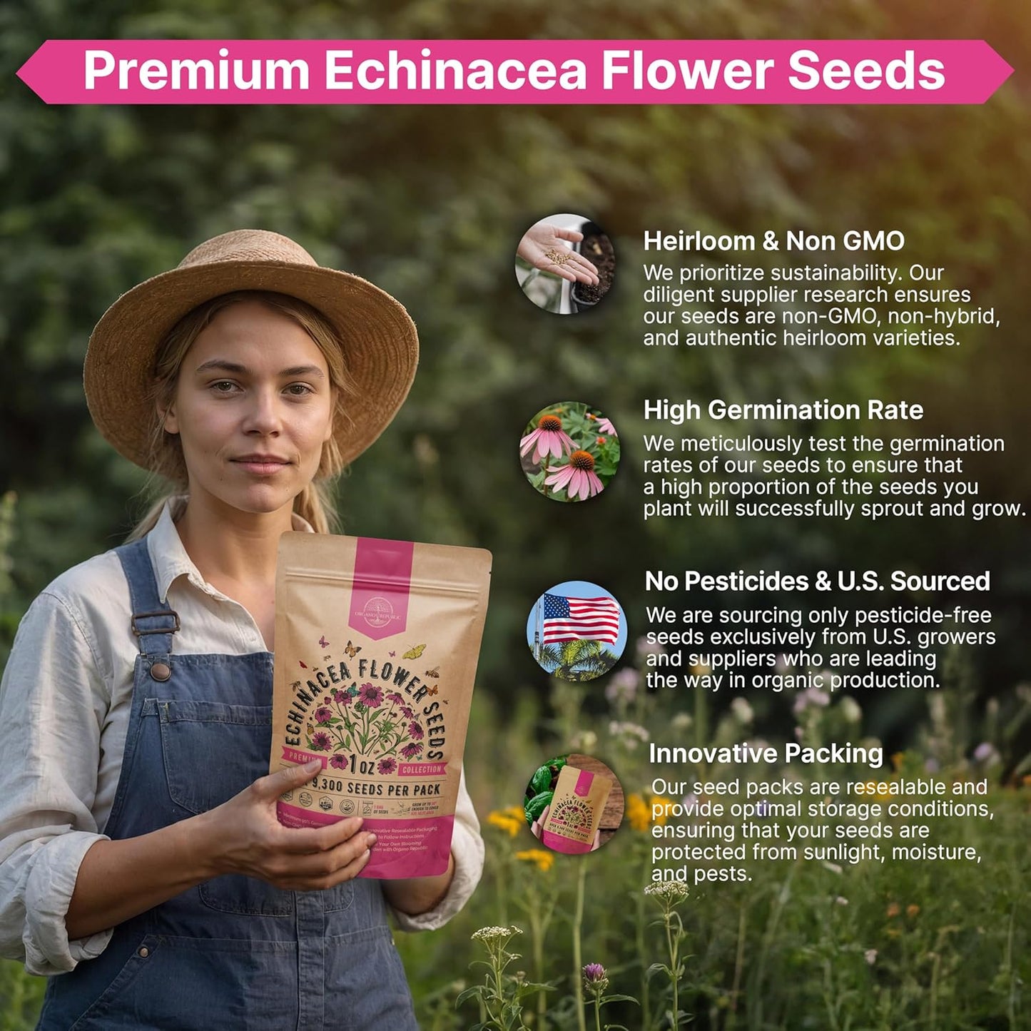 Organo Republic Echinacea Seeds Pack 1 oz - Over 9,300 Non-GMO Heirloom Echinacea Seeds for Planting, Perennial Flowers in Individual Packet, Coneflower for Planting Indoor & Outdoor Garden