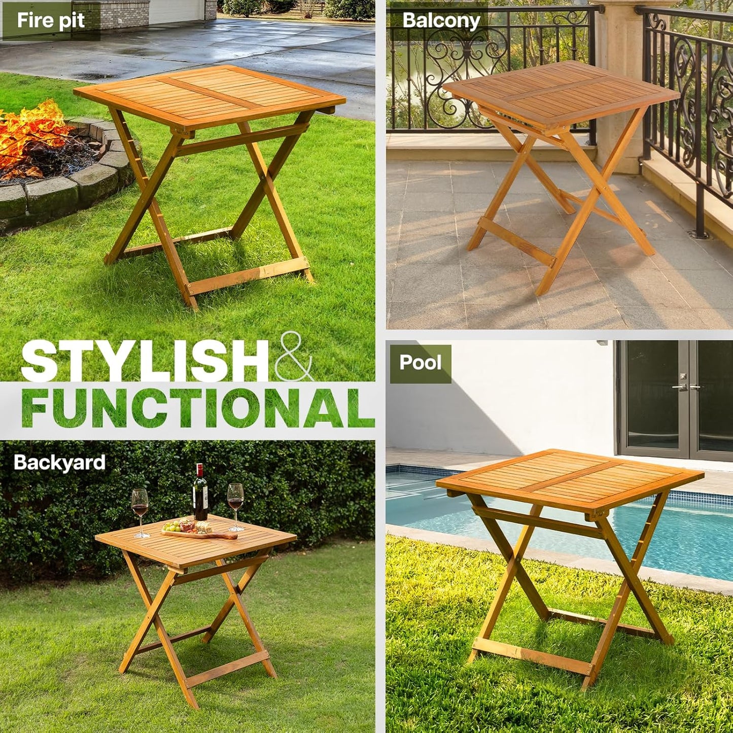 IDZO Legolas FSC Acacia Wooden Folding Table, Heavy Duty 270lbs Capacity, Elegant & Rustic Design for Garden, Backyard, Porch, Patio, Easy Assembly