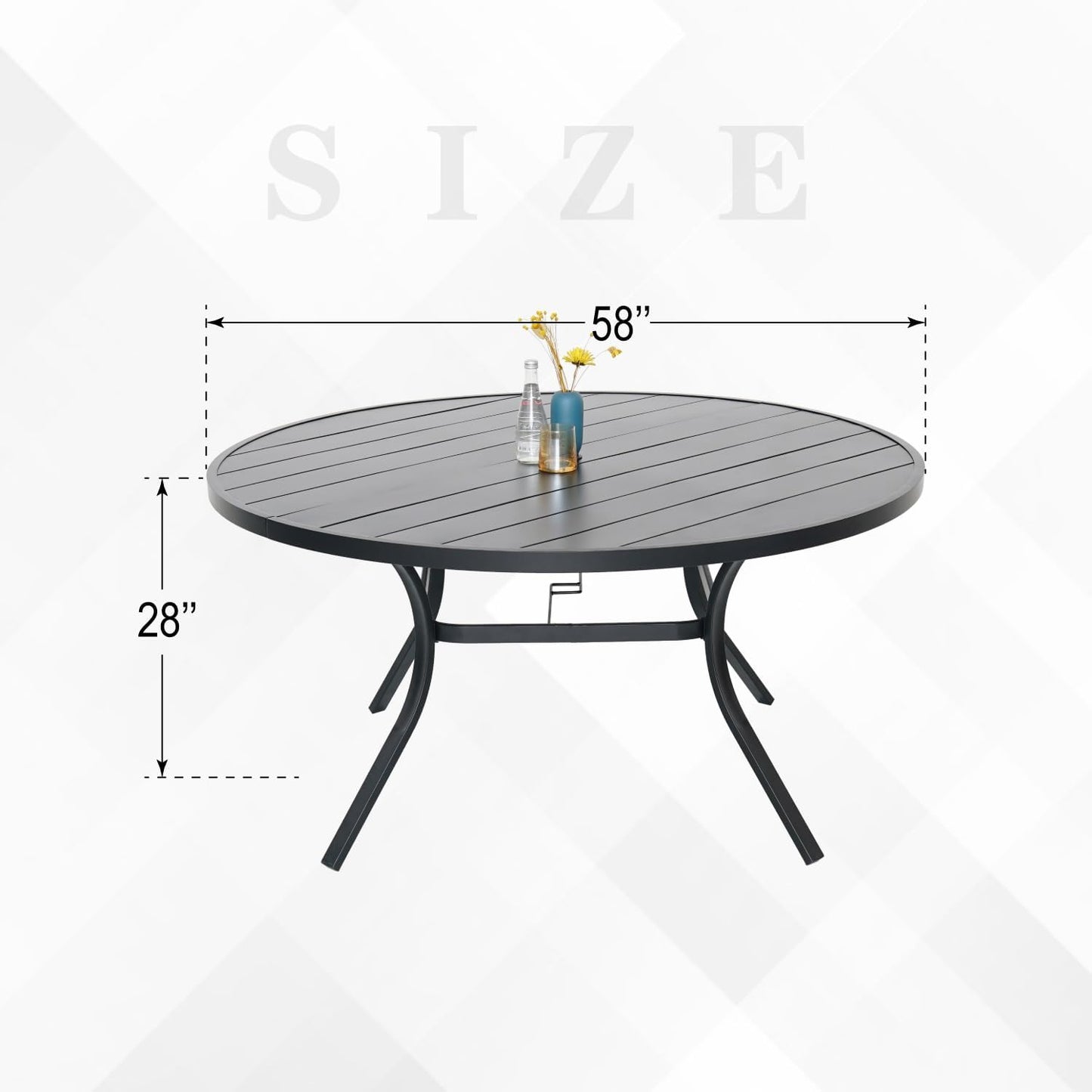 Outdoor Patio Round Dining Table, 58"x 58" Metal Slatted Round Tabletop with Adjustable Umbrella Hole for Deck Lawn Garden Backyard Balcony Deck, Black