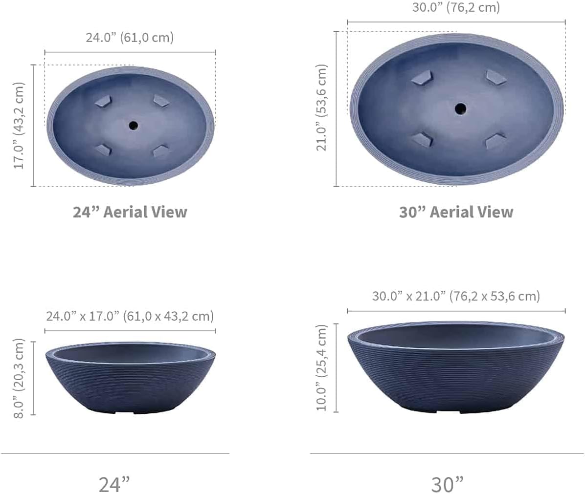 Crescent Garden Delano Oval Planter Bowl, Succulent Garden, Unique Indoor/Outdoor Double-Walled Plant Bowl with Plug- Oval Shape - 24" L x 17" W x 8" H (Mocha)