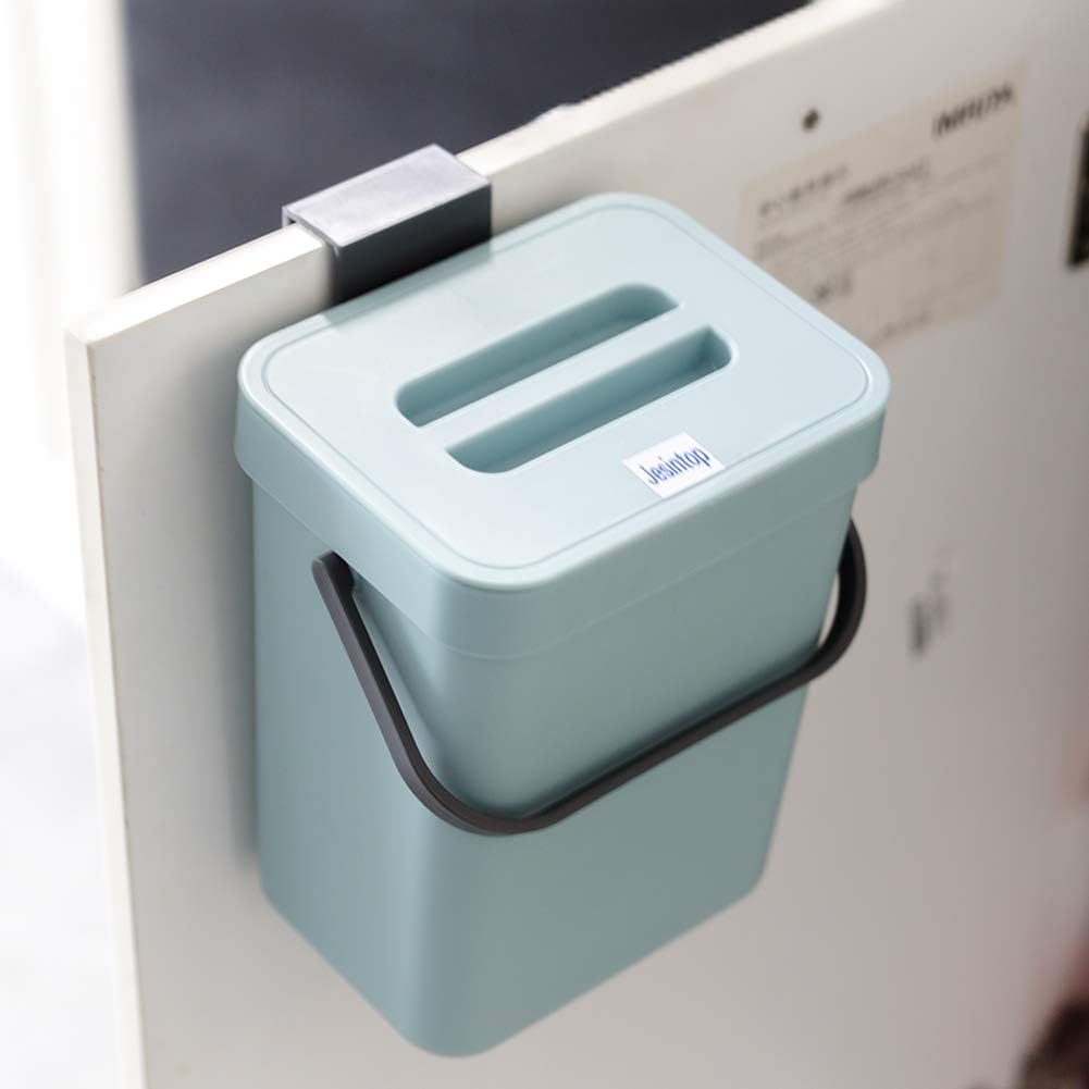Kitchen Small Trash Can with Lid, Odorless Mini Trash Can,Kitchen Compost Bin, Plastic Hanging Waste Basket for RV/Office/Bedroom/Study/Refrigerator, 3L/0.8 Gal Series, Blue
