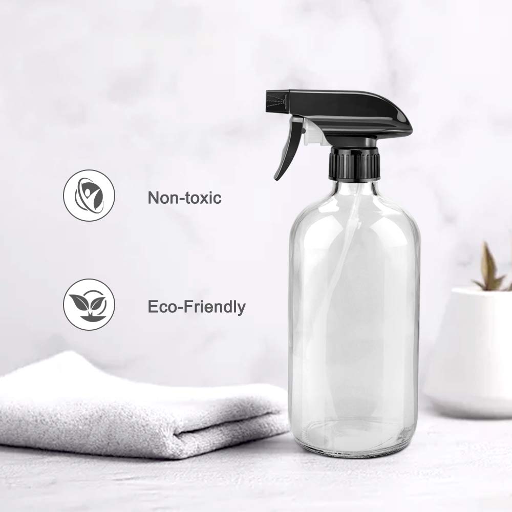 Glass Spray Bottles, 16oz Clear Glass Spray Bottles with Labels & Adjustable Nozzle, Reusable Containers for Cleaning Solutions, BBQ, Food, Plants, Alcohol, Essential Oils(2 Pack)